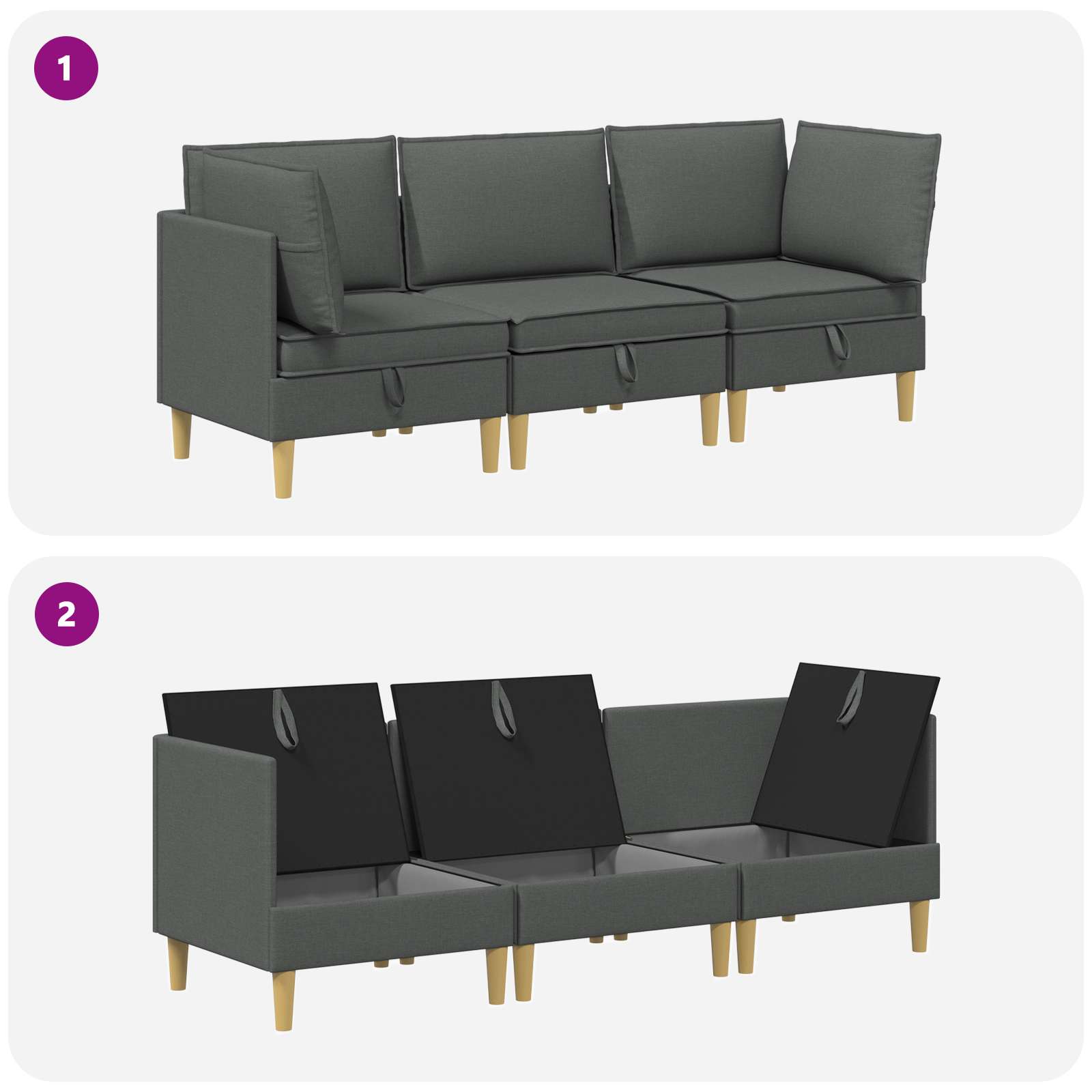 Modular Sofa Set mit Stauraum 3 pcs Dunkelgrau Stoff