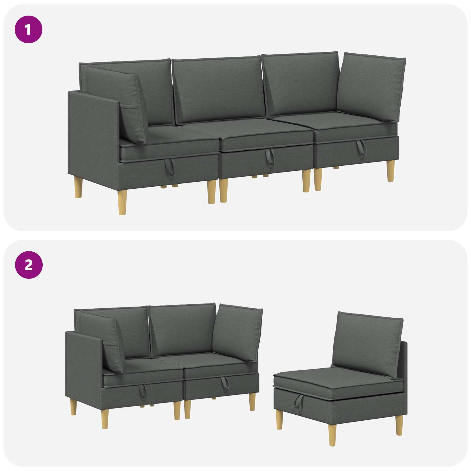 Modular Sofa Set mit Stauraum 3 pcs Dunkelgrau Stoff