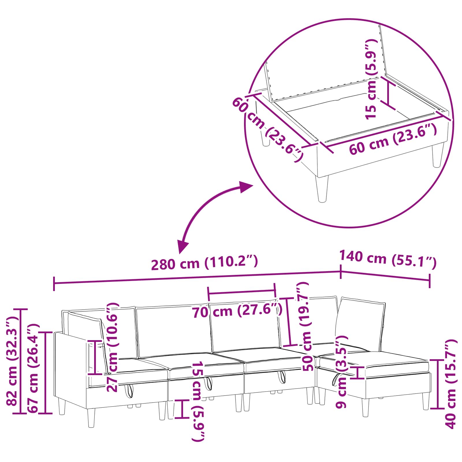 Modular Sofa Set mit Stauraum 5 pcs Dunkelgrau Stoff