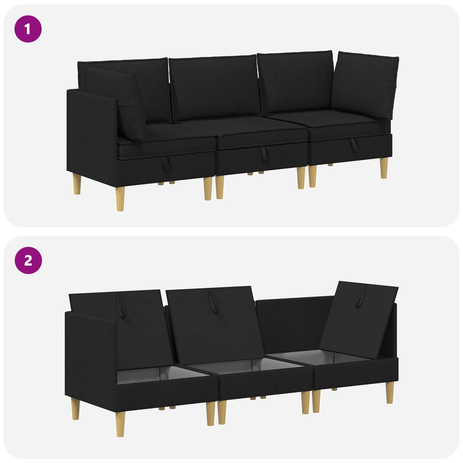 Modular Sofa Set mit Stauraum 3 pcs Schwarz Stoff