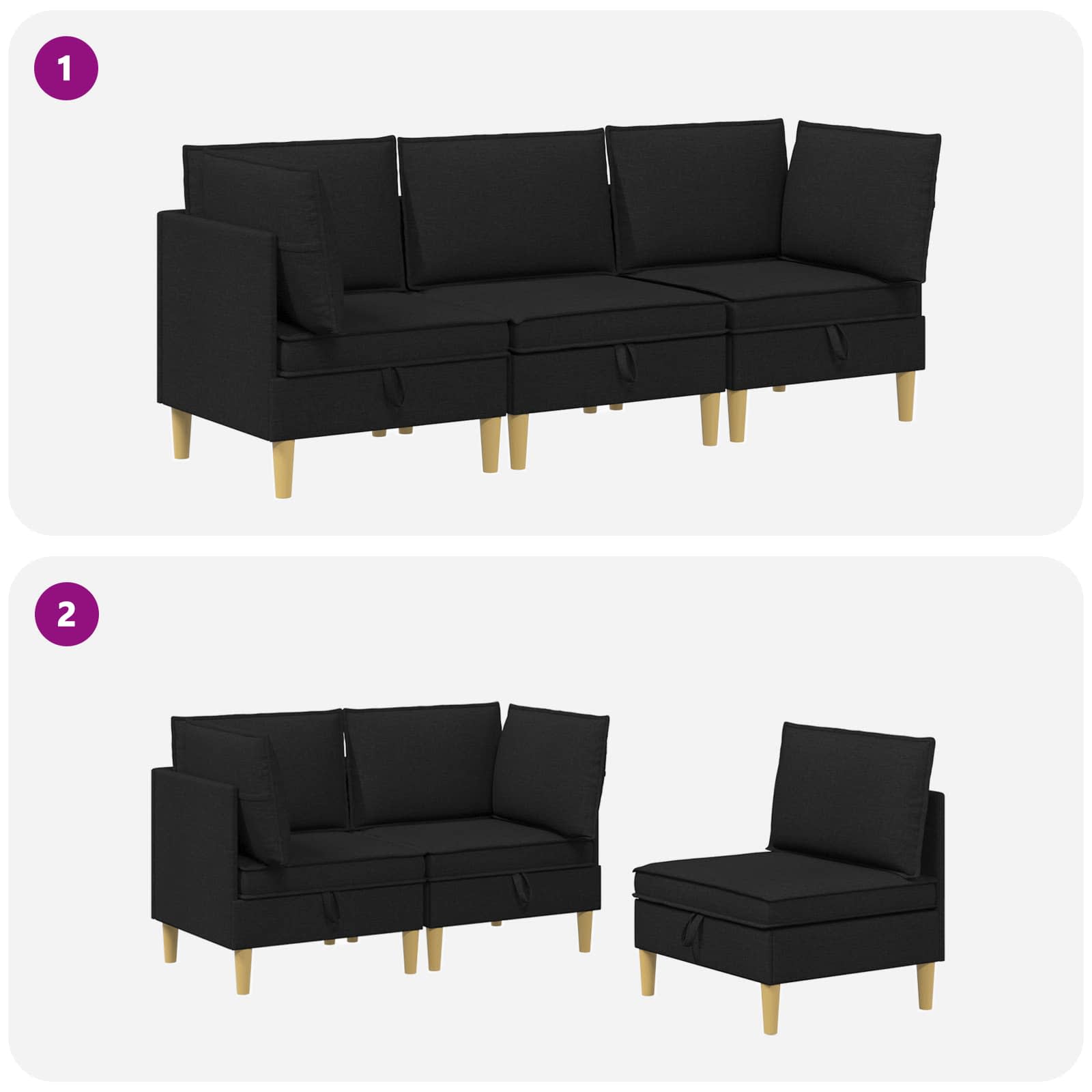 Modular Sofa Set mit Stauraum 3 pcs Schwarz Stoff