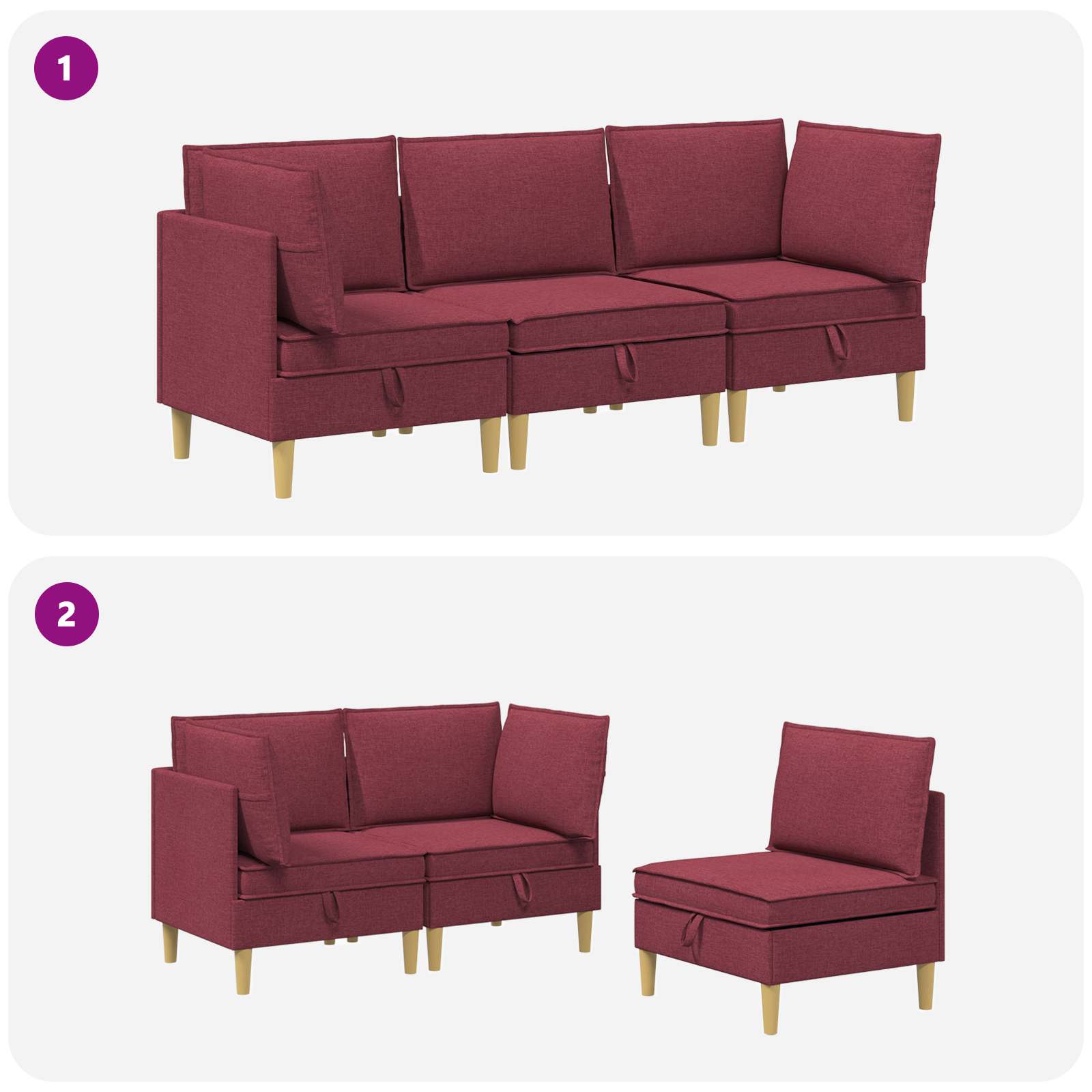 Modular Sofa Set mit Stauraum 3 pcs Weinrot Stoff