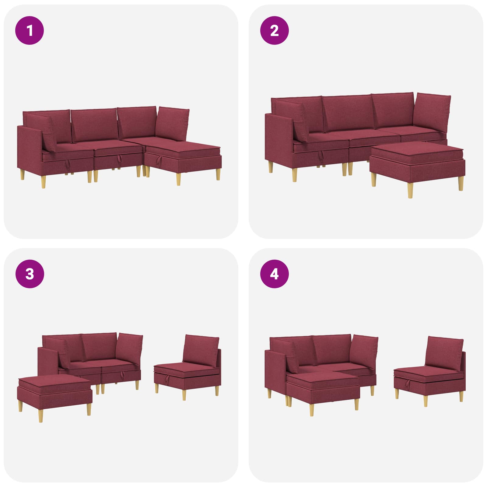 Modular Sofa Set mit Stauraum 4 pcs Weinrot Stoff
