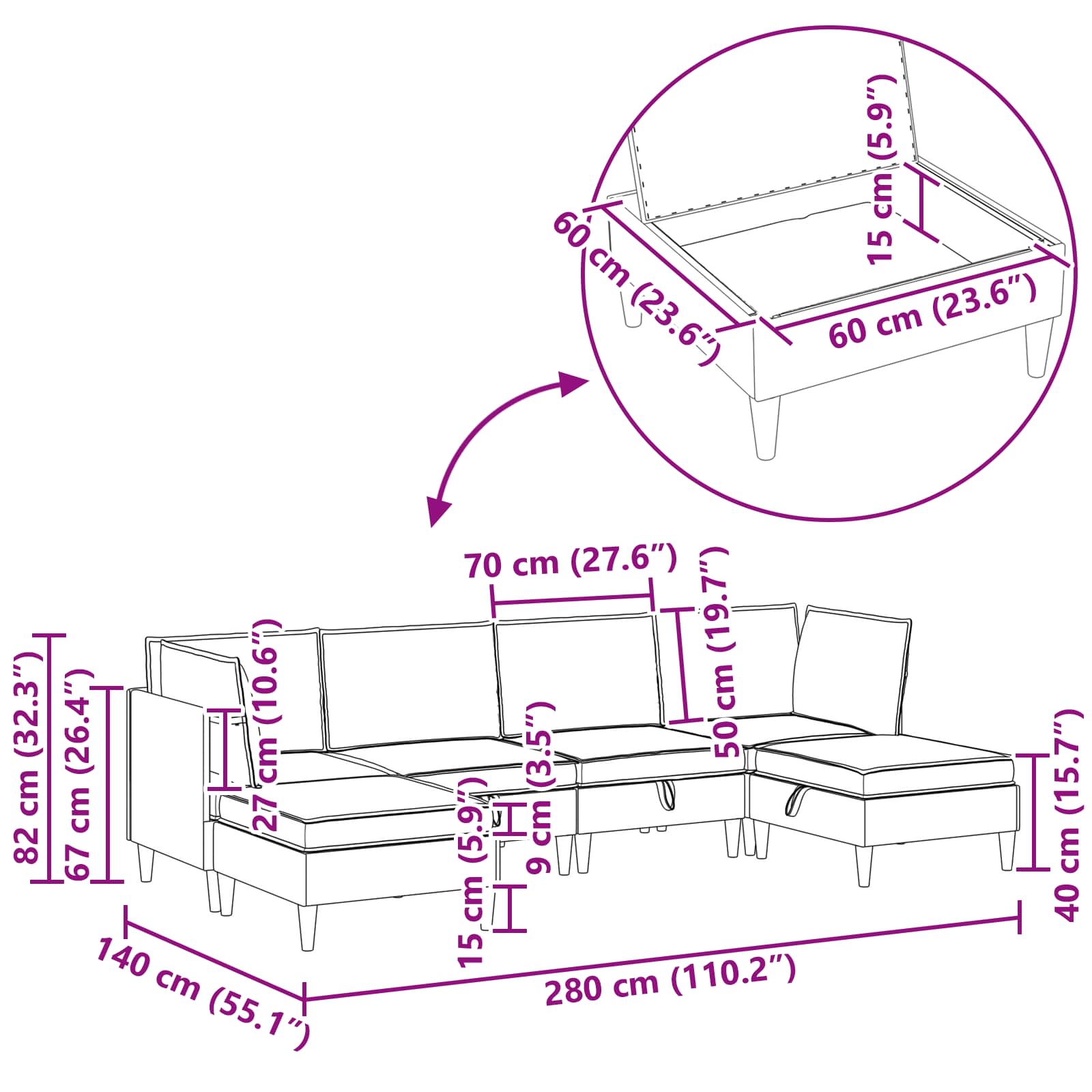 Modular Sofa Set mit Stauraum 6 pcs Weinrot Stoff