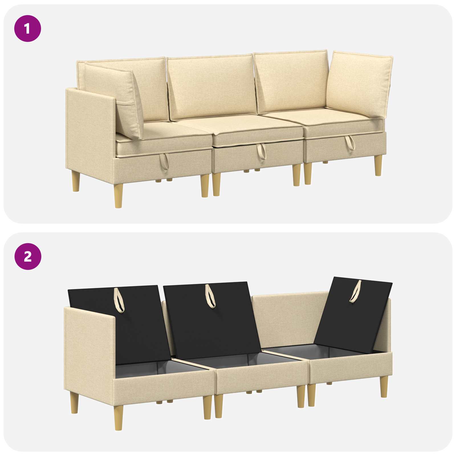 Modular Sofa Set mit Stauraum 3 pcs Creme Stoff
