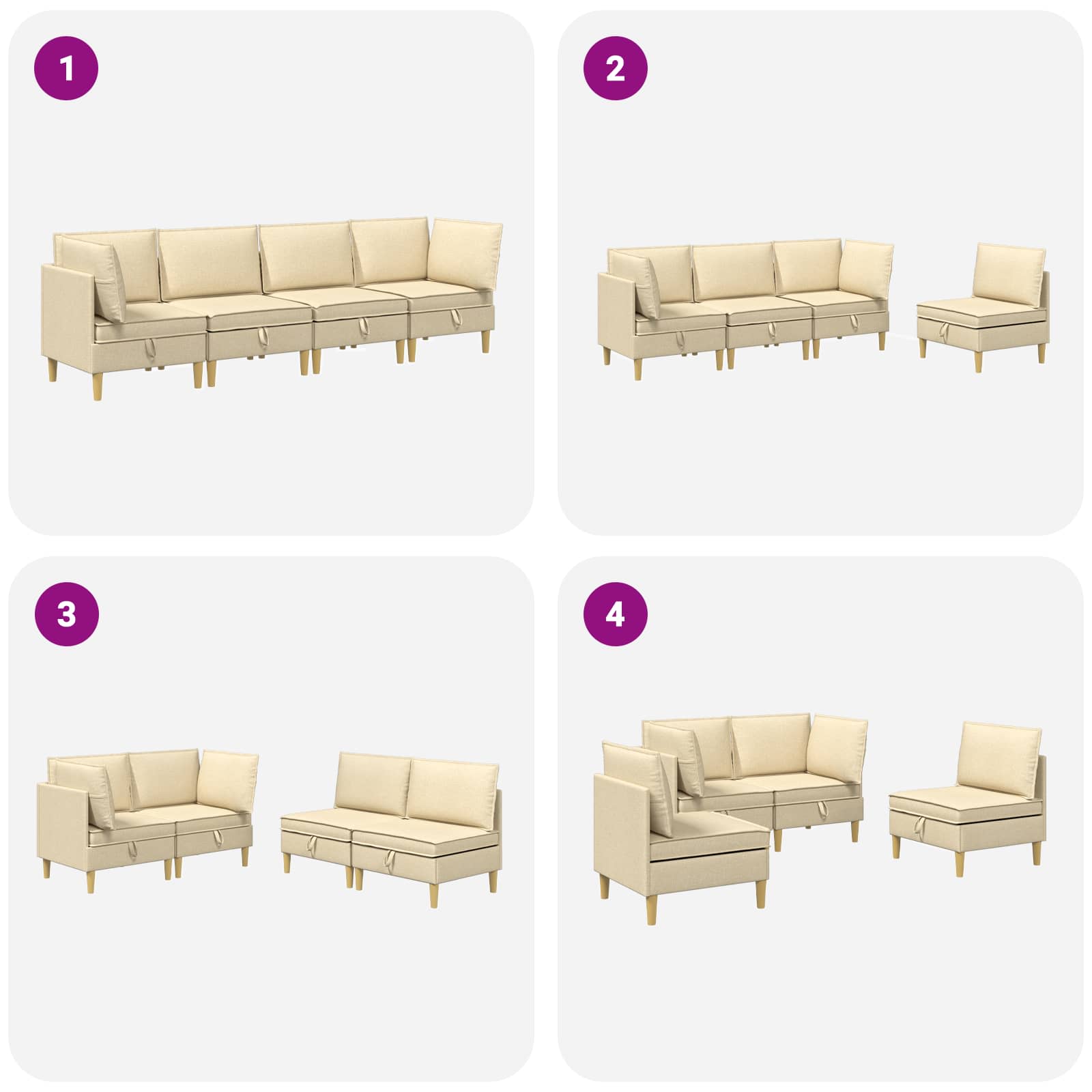 Modular Sofa Set mit Stauraum 4 pcs Creme Stoff