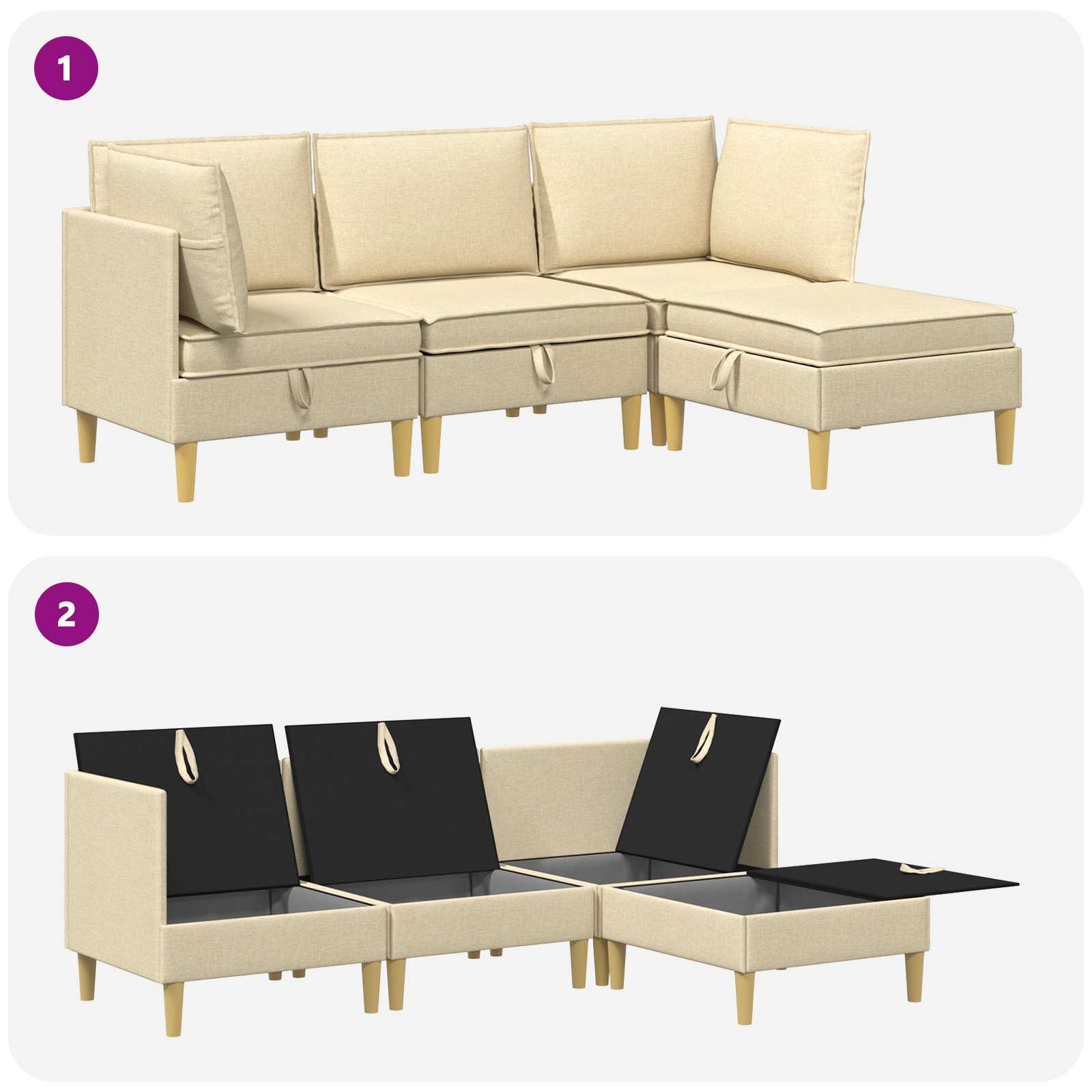 Modular Sofa Set mit Stauraum 4 pcs Creme Stoff