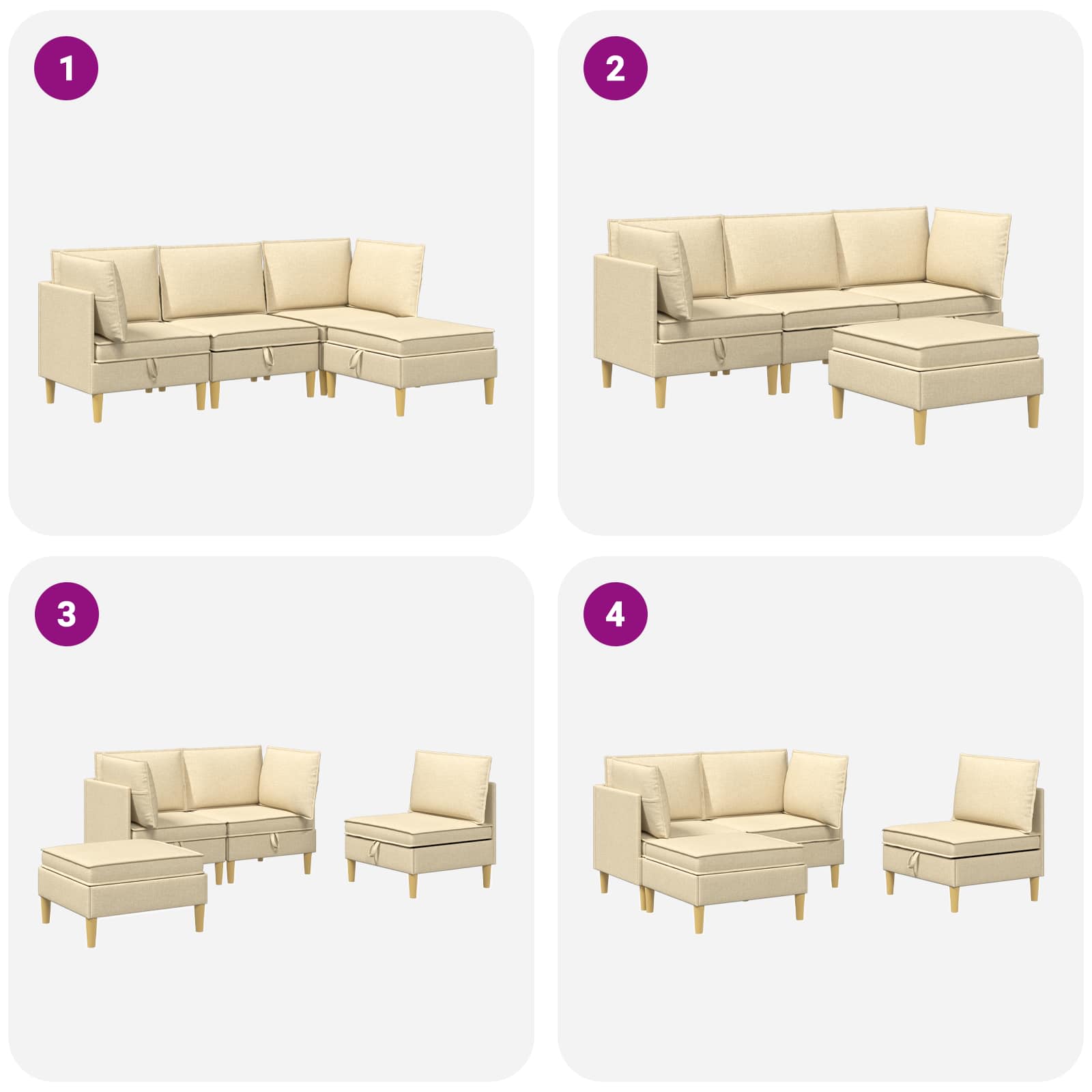 Modular Sofa Set mit Stauraum 4 pcs Creme Stoff