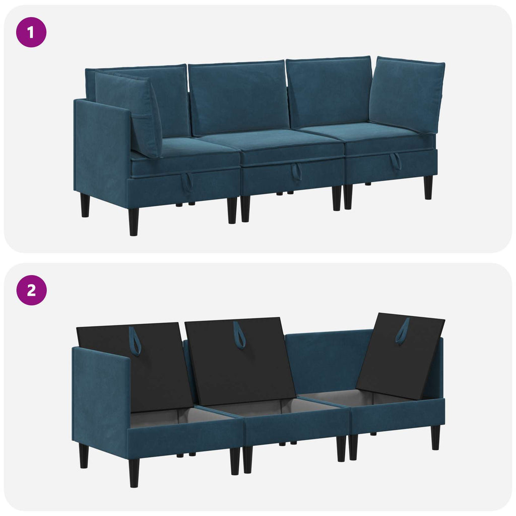Wohnzimmergarnitur mit Kissen mit Speicher 3 pcs Blau Samt