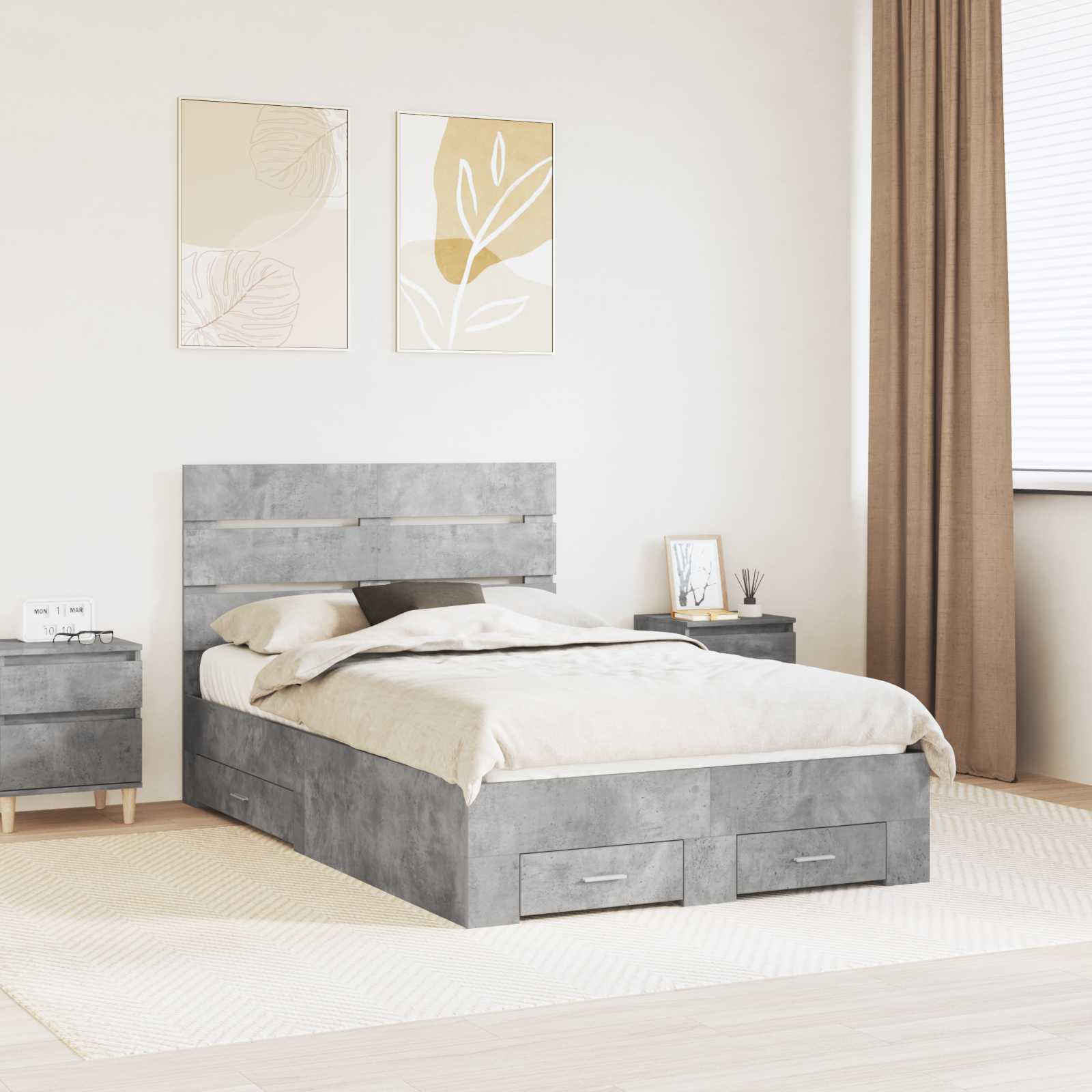 Bettrahmen mit Schubladen Beton Grau 135 x 190 cm Holzwerkstoff