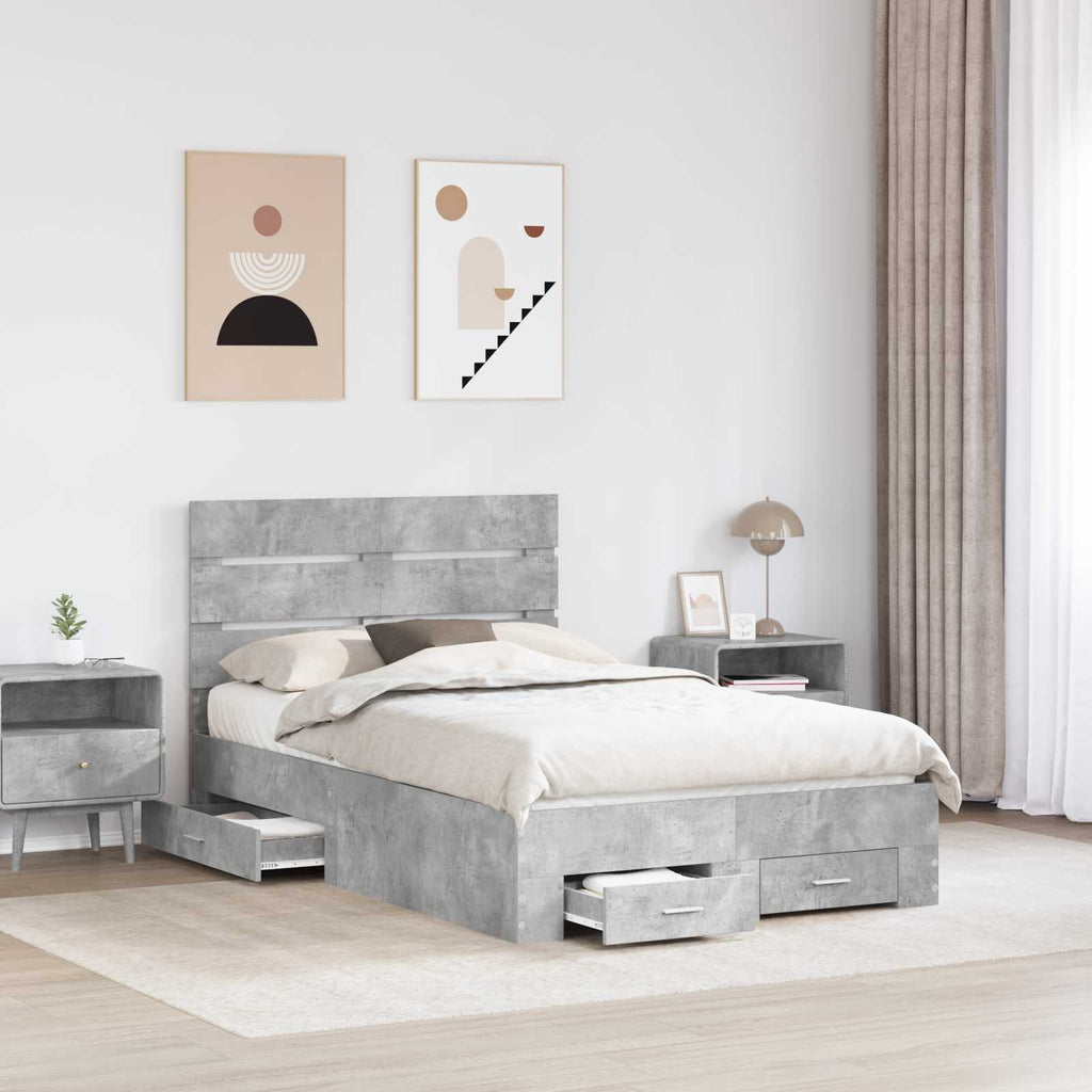 Bettrahmen mit Schubladen Beton Grau 135 x 190 cm Holzwerkstoff