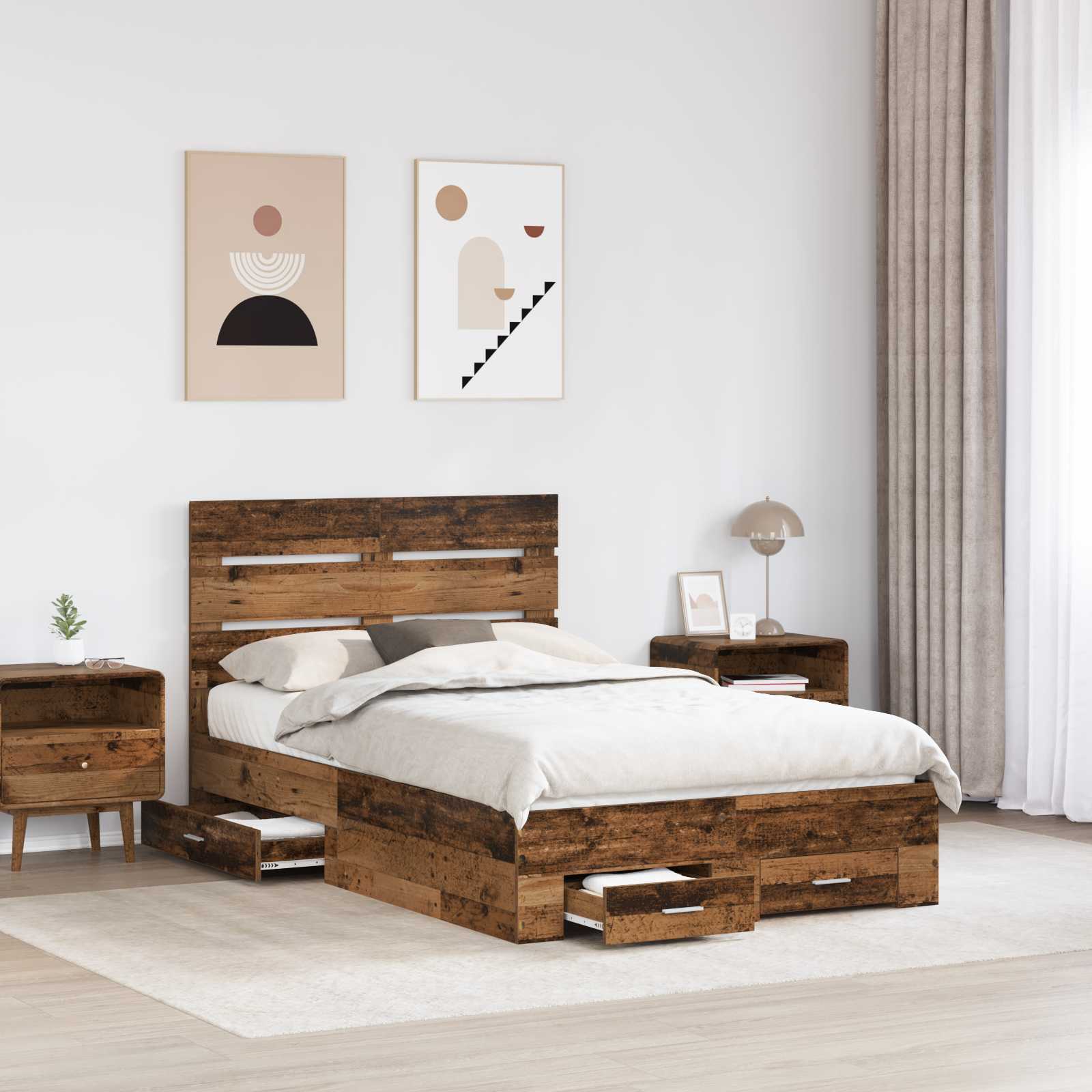 Bettrahmen mit Schubladen Altholz 135 x 190 cm Holzwerkstoff