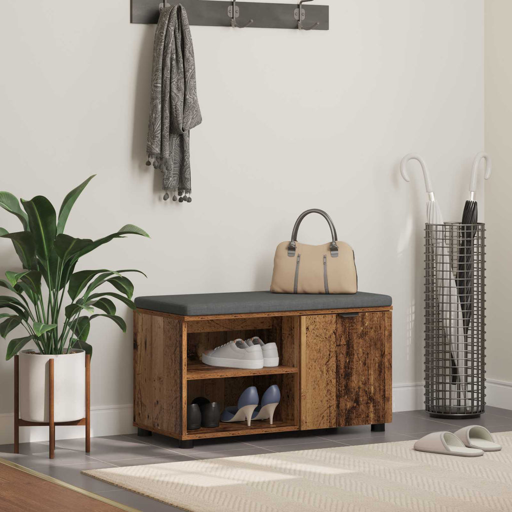 Flurbank mit Kissen mit Regal mit Tür Altholz 80 x 38 x 46 cm