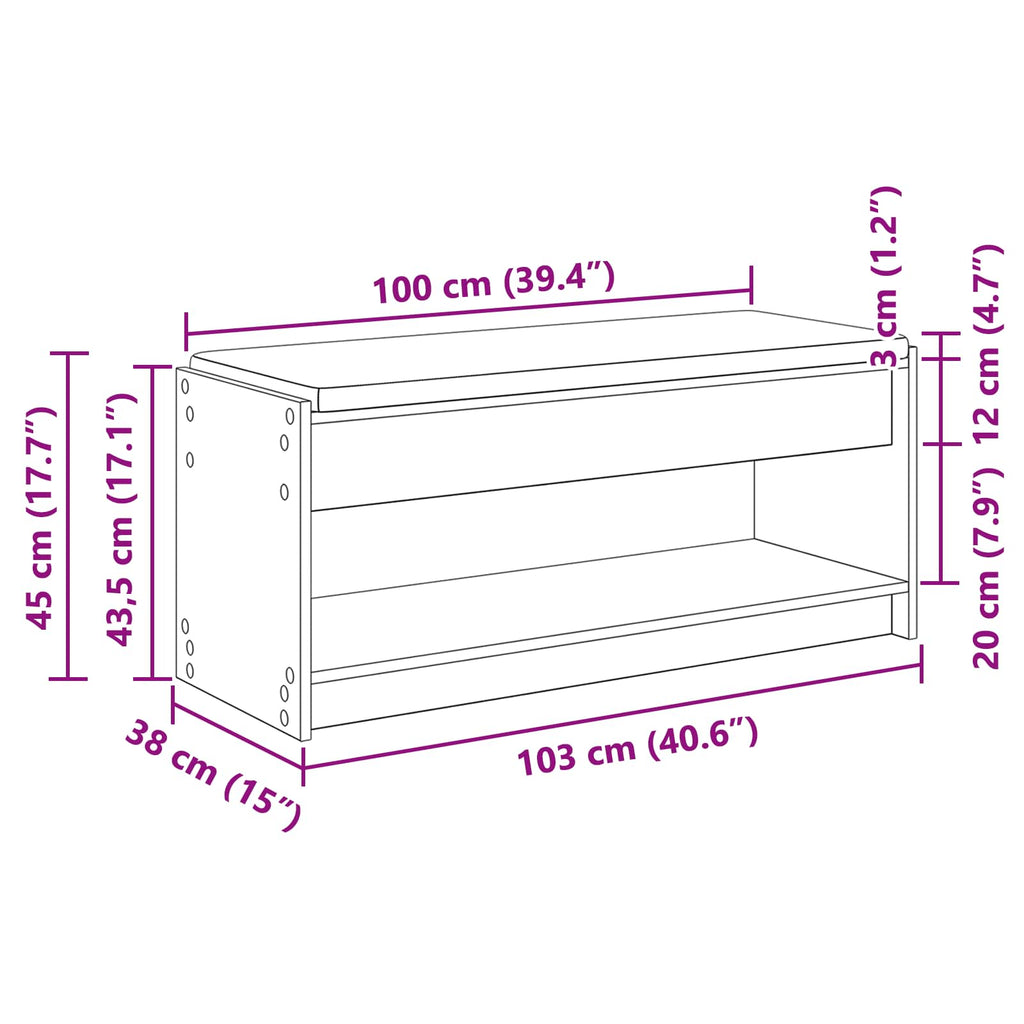 Flurbank mit Kissen mit Regal Graues Sonoma 103 x 38 x 45 cm
