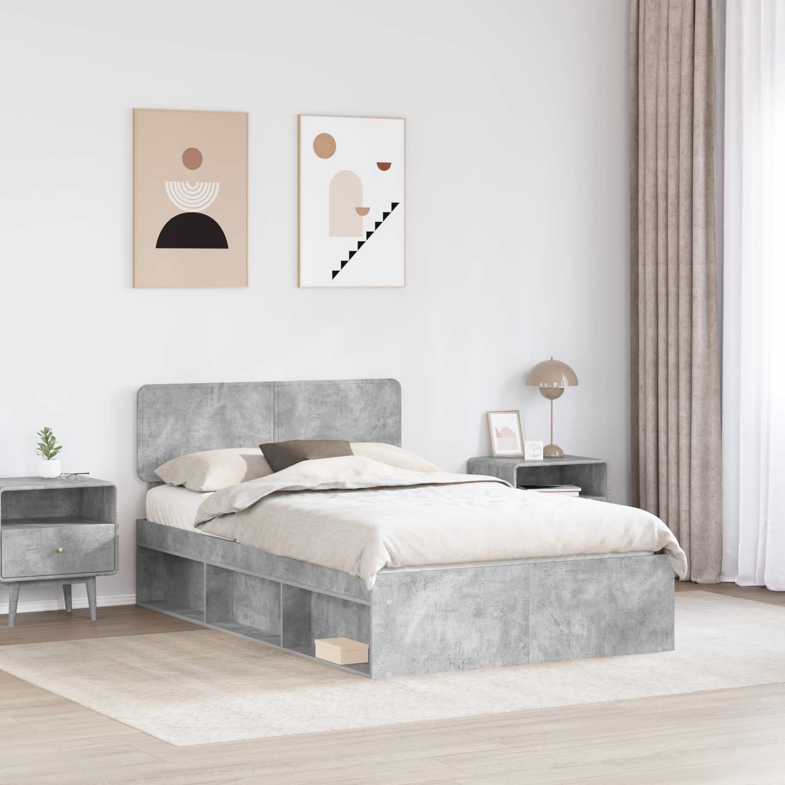 Bettrahmen Beton Grau 135 x 190 cm Massives Kiefernholz