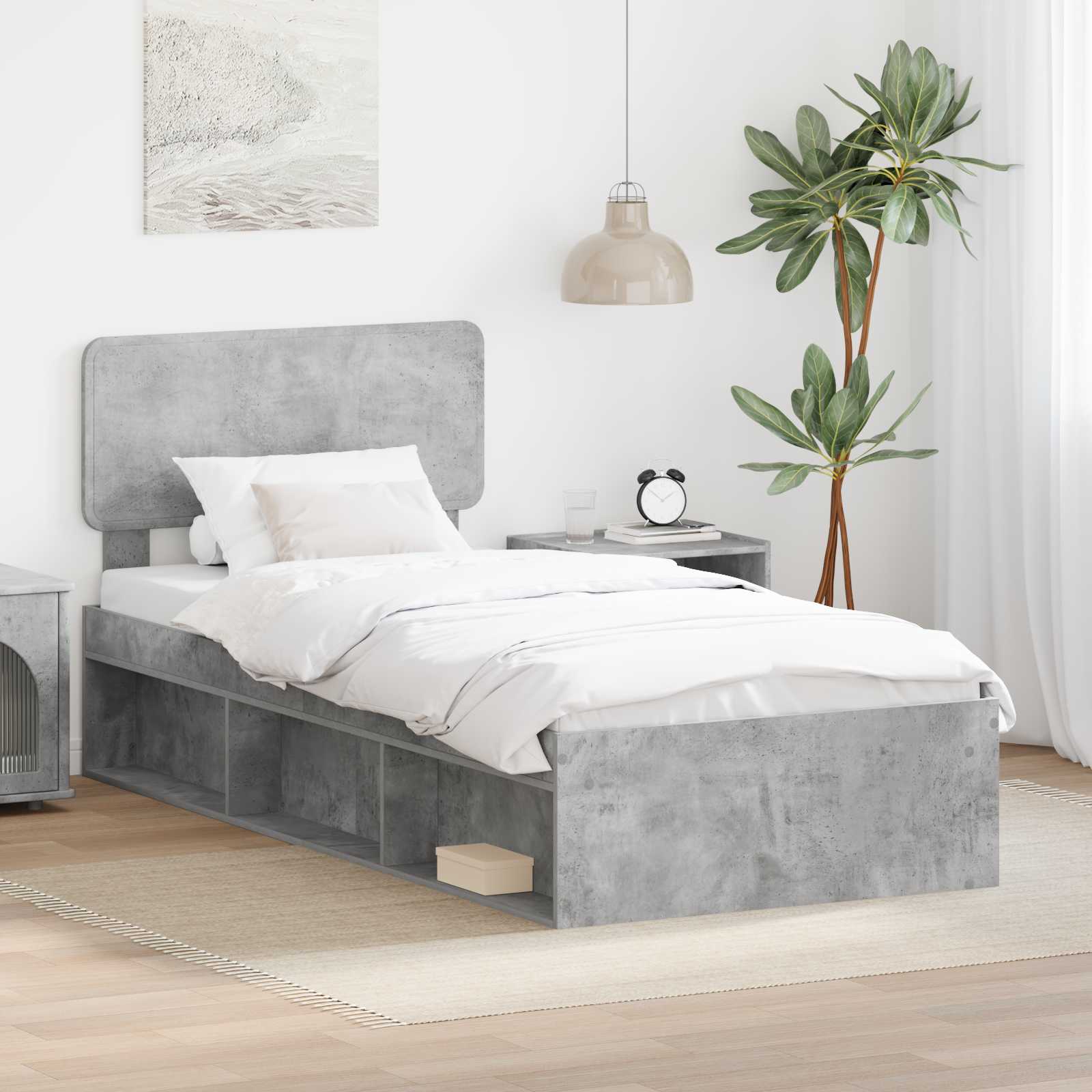 Bettrahmen mit Kopfteil Beton 90 x 200 cm Massives Kiefernholz
