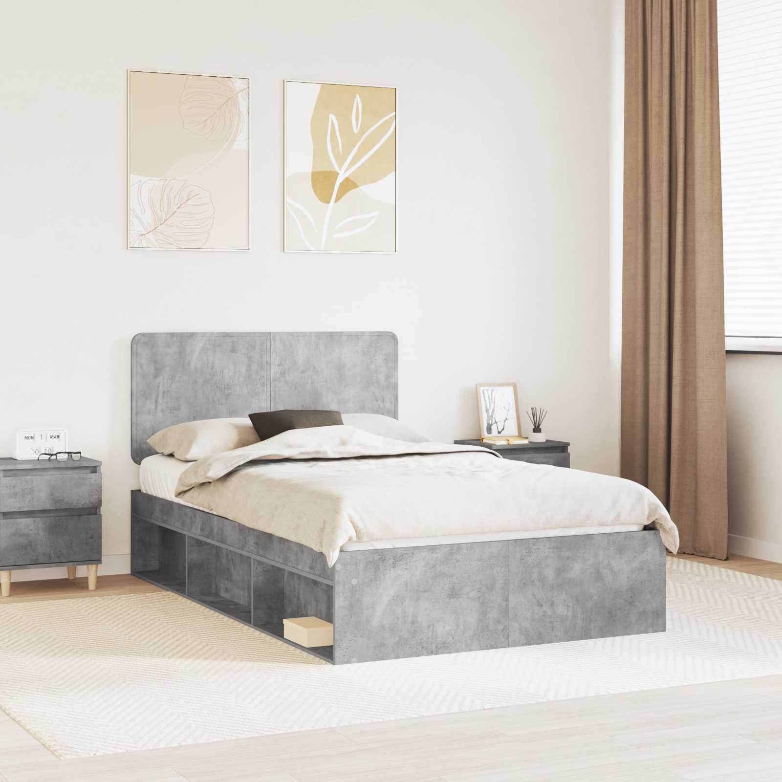 Bettrahmen Beton Grau 135 x 190 cm Massives Kiefernholz