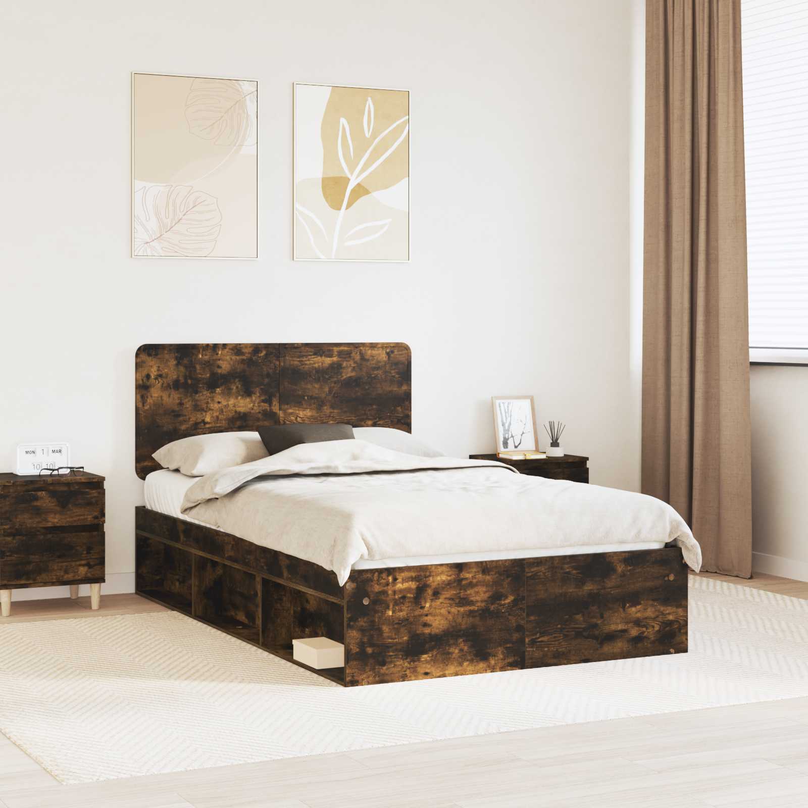 Bettrahmen Geräucherte Eiche 135 x 190 cm Massives Kiefernholz