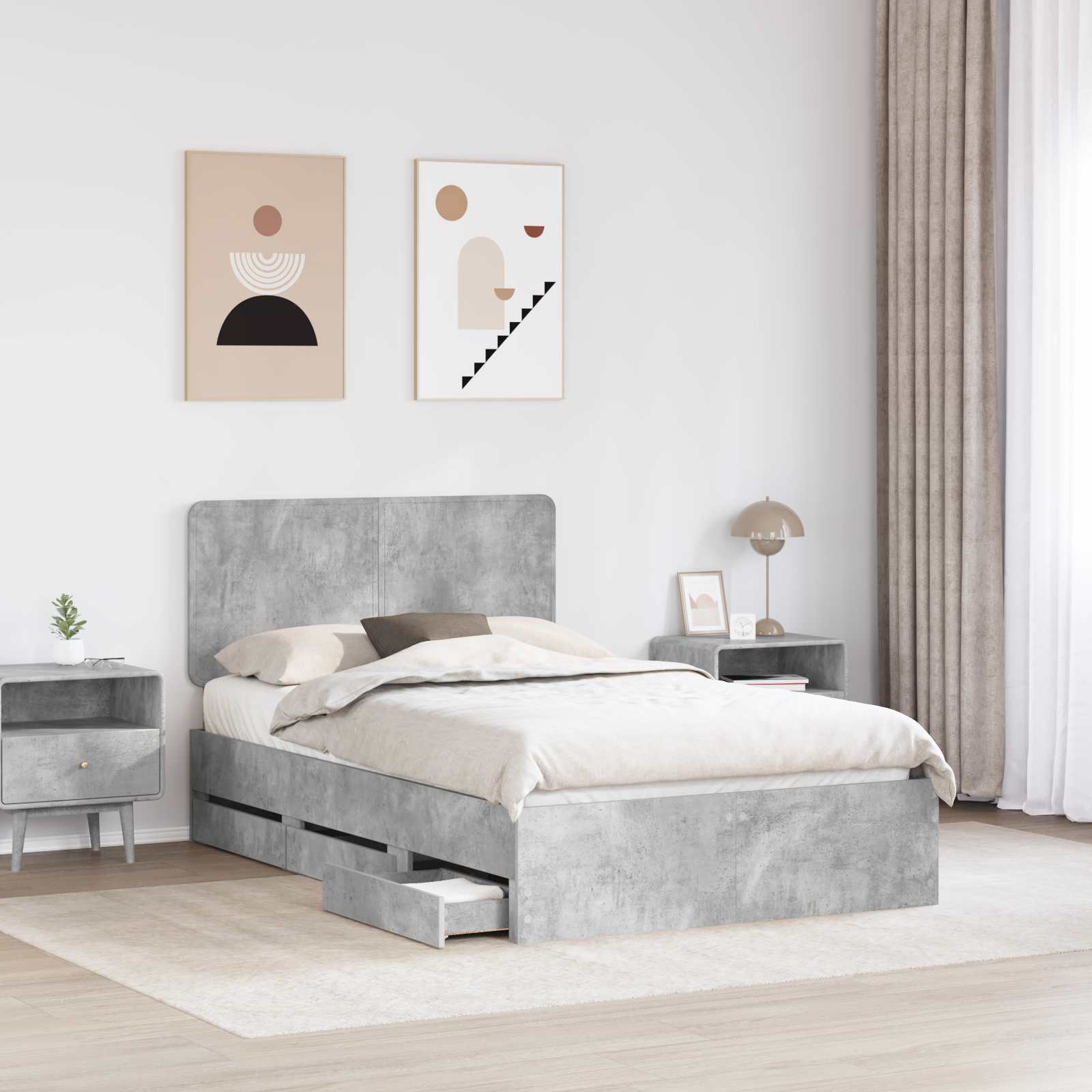 Bettrahmen mit Kopfteil Beton Grau 135 x 190 cm Ingenieurs Holz