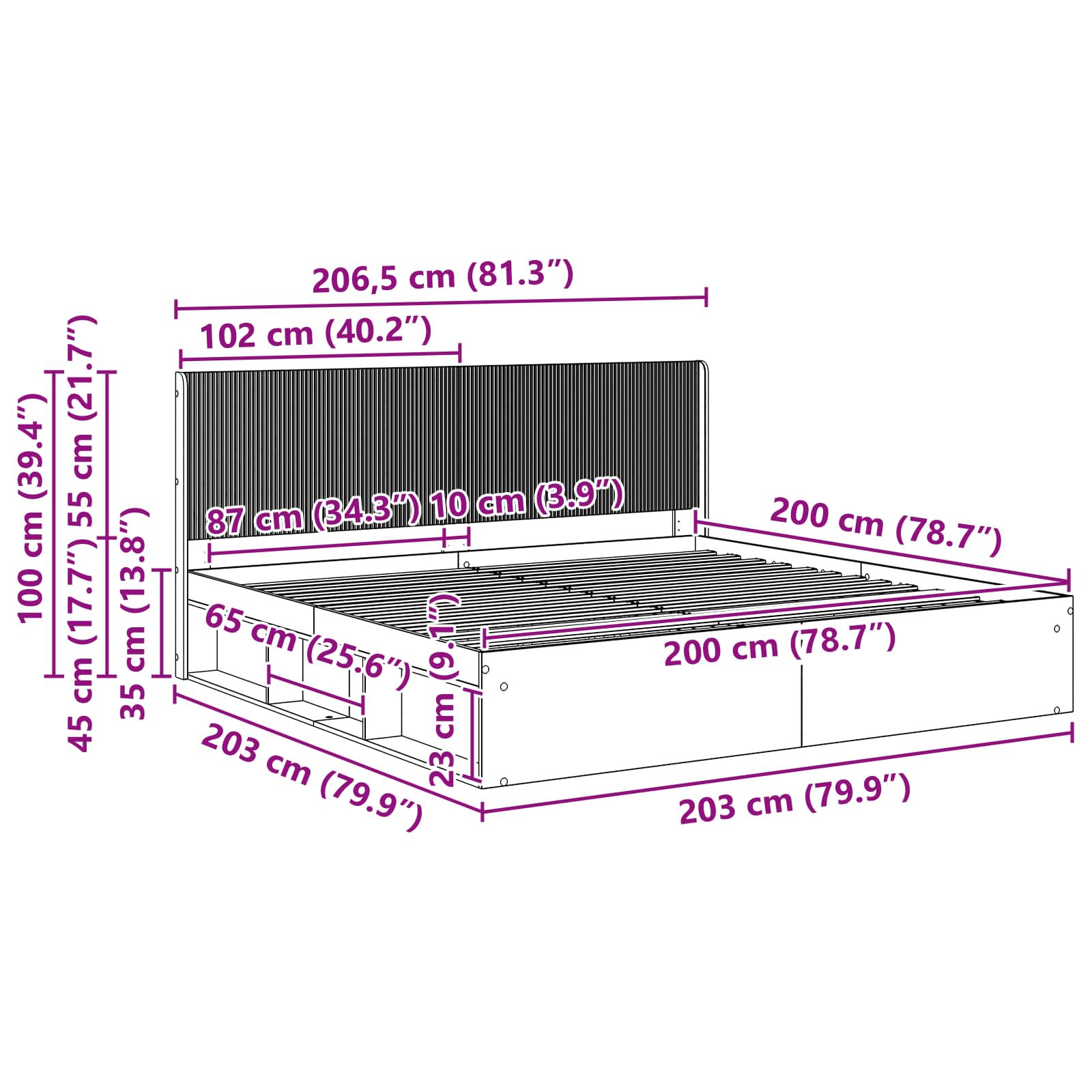 Bettgestell mit Stauraum und Kopfteil Grau Sonoma 200 x 200 cm