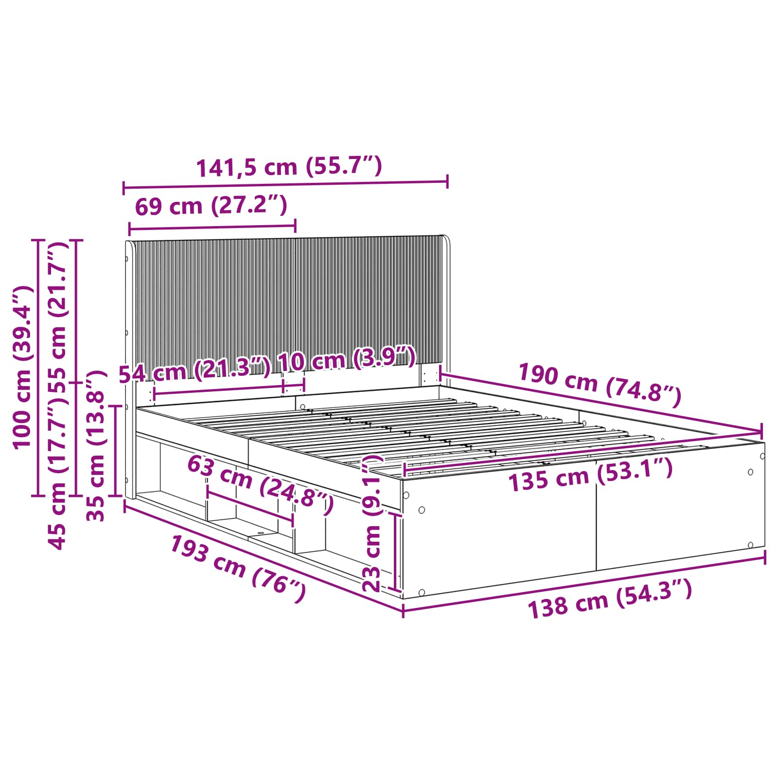 Bettgestell mit Stauraum und Kopfteil Betongrau 135 x 190 cm