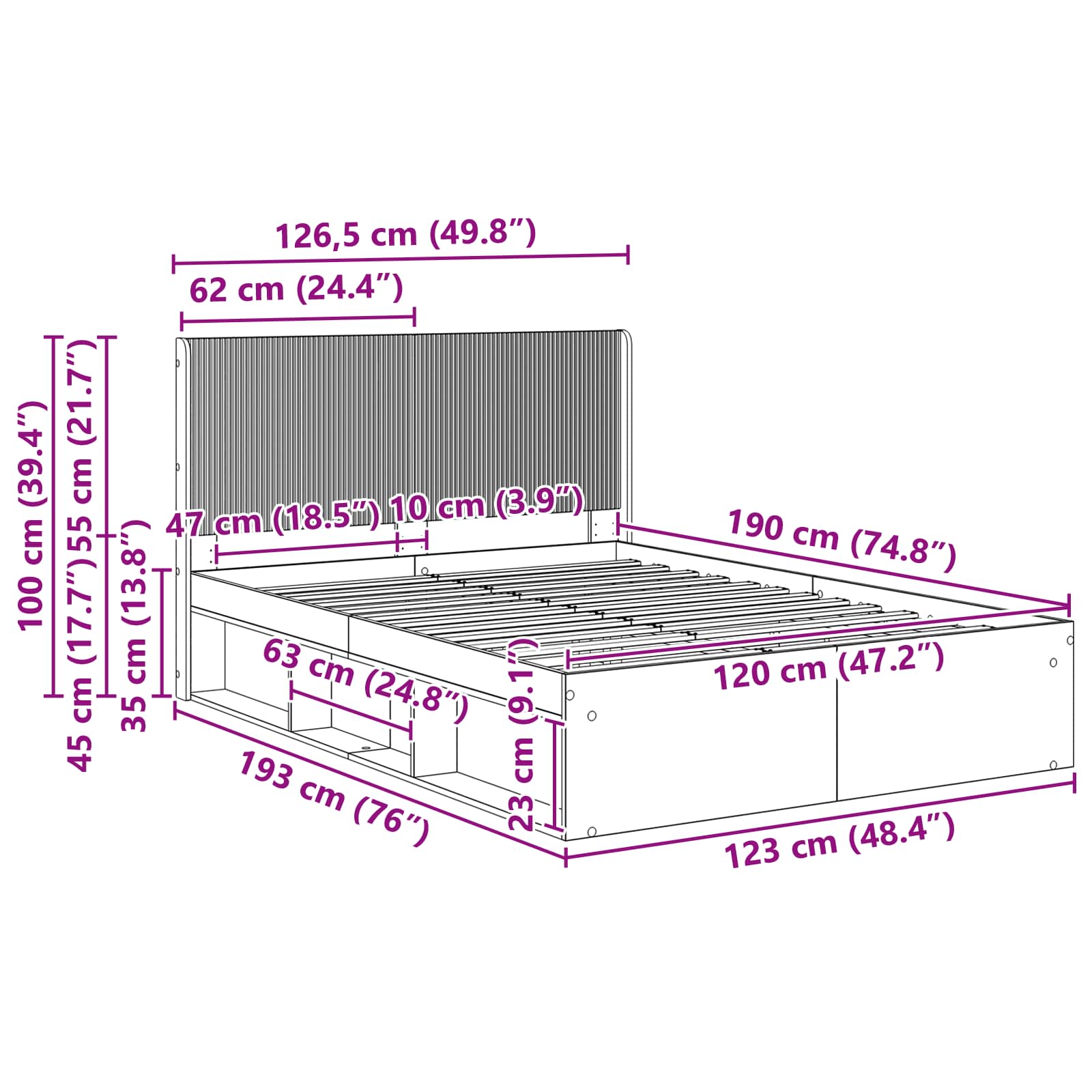 Bettgestell mit Stauraum und Kopfteil Altholz 120 x 190 cm