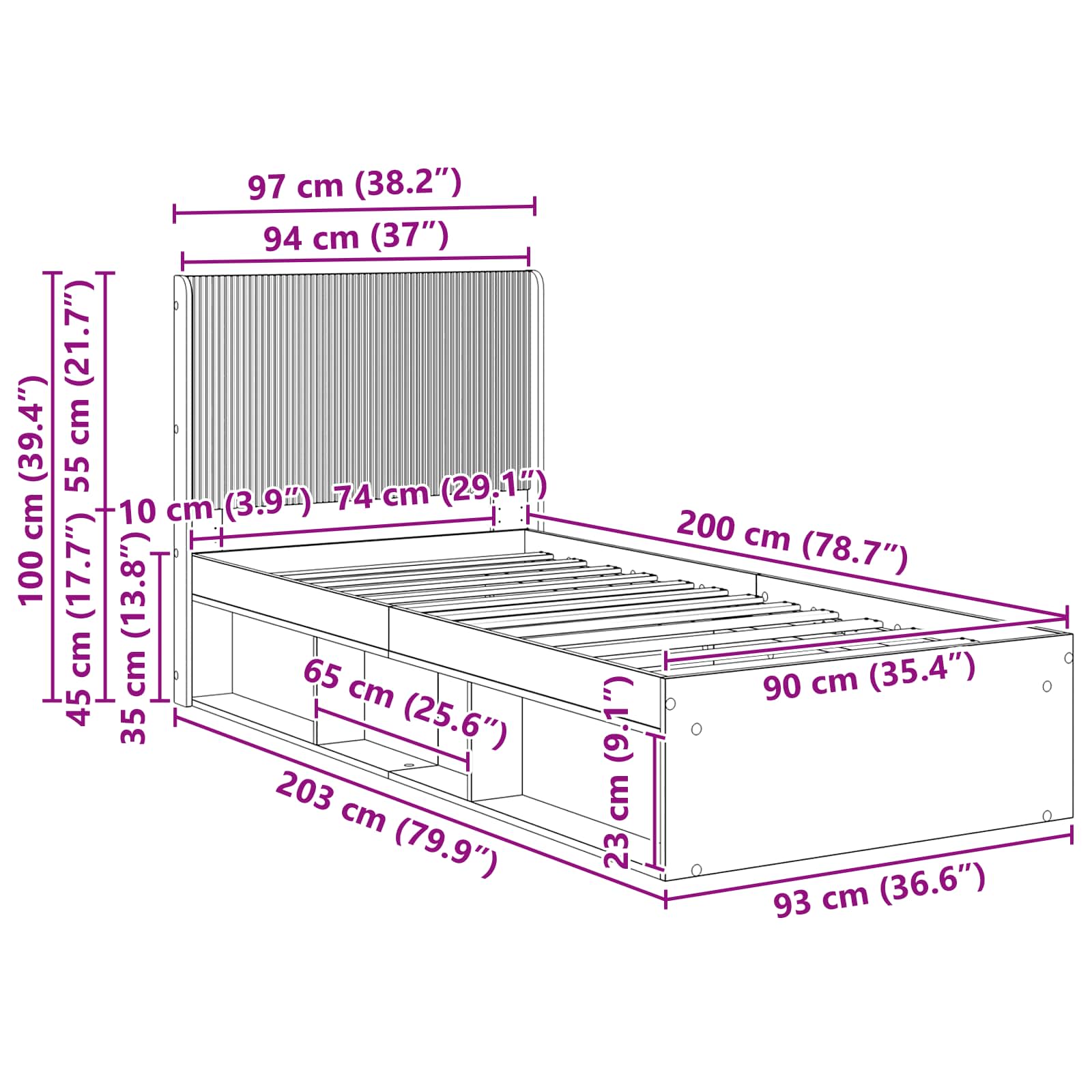 Bettgestell mit Stauraum und Kopfteil Sonoma-Eiche 90 x 200 cm
