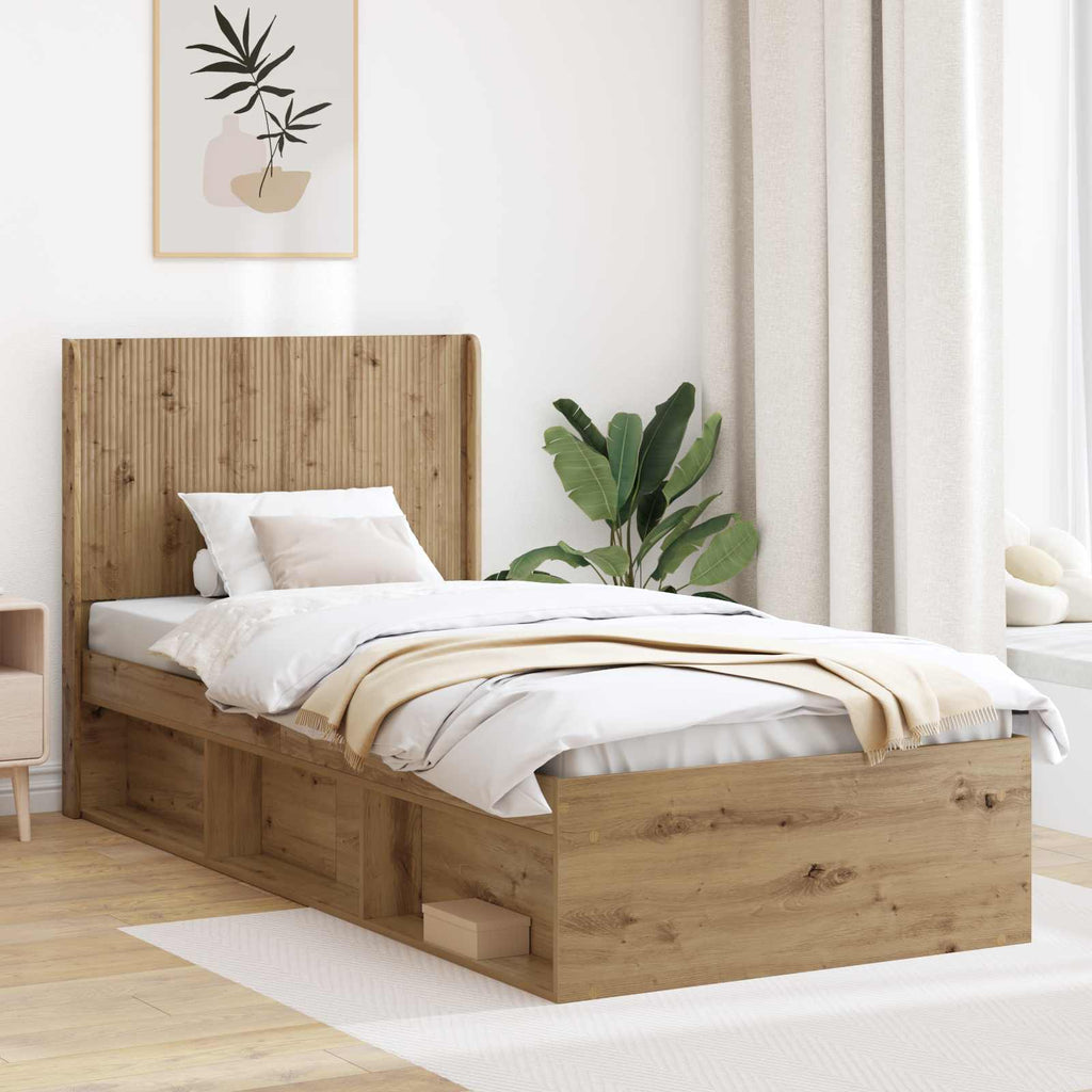 Bettgestell mit Stauraum und Kopfteil Artisan-Eiche 90 x 200 cm