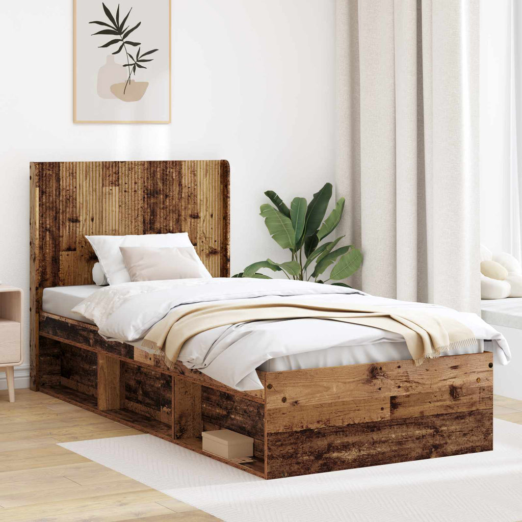 Bettgestell mit Stauraum und Kopfteil Altholz 90 x 190 cm