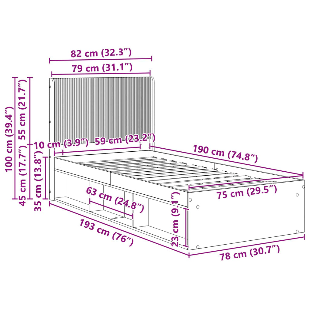 Bettgestell mit Stauraum und Kopfteil Betongrau 75 x 190 cm