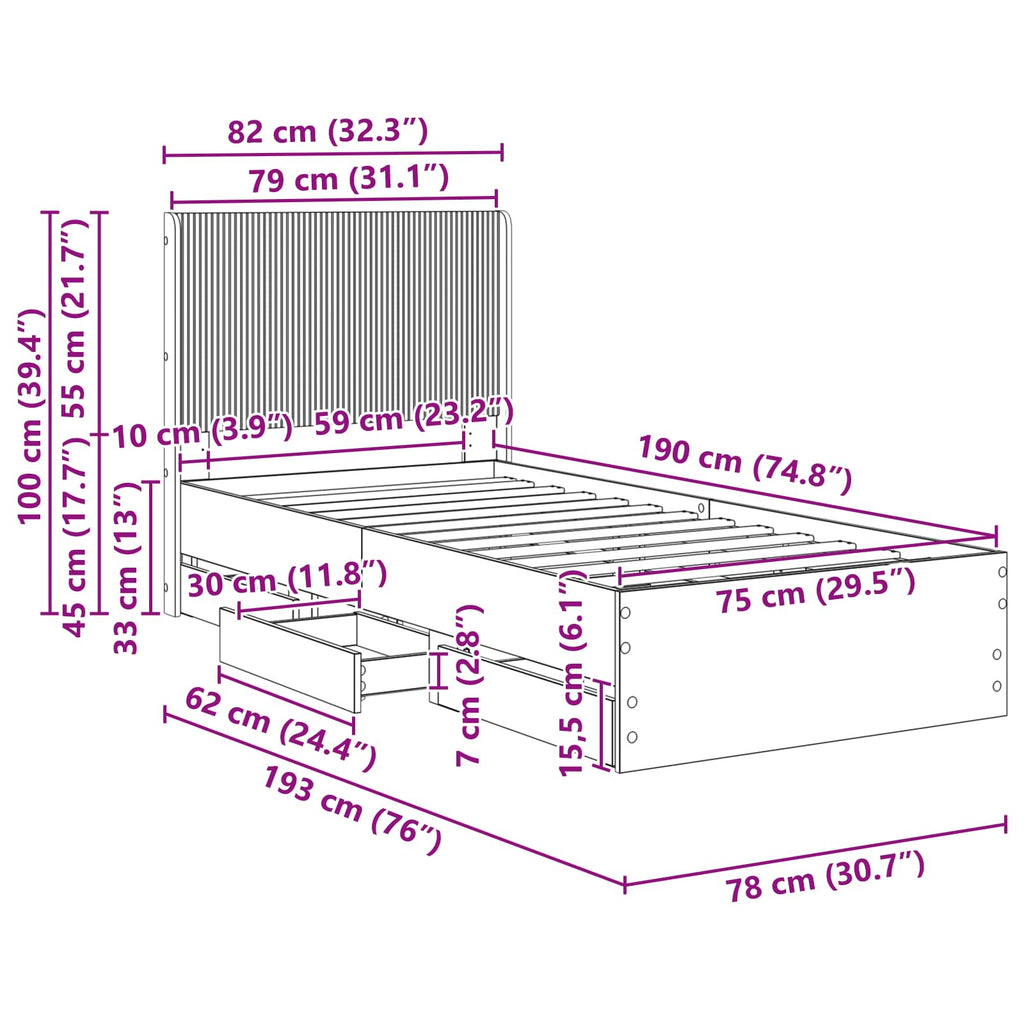 Bettgestell mit Stauraum und Kopfteil Graues Sonoma 75 x 190 cm