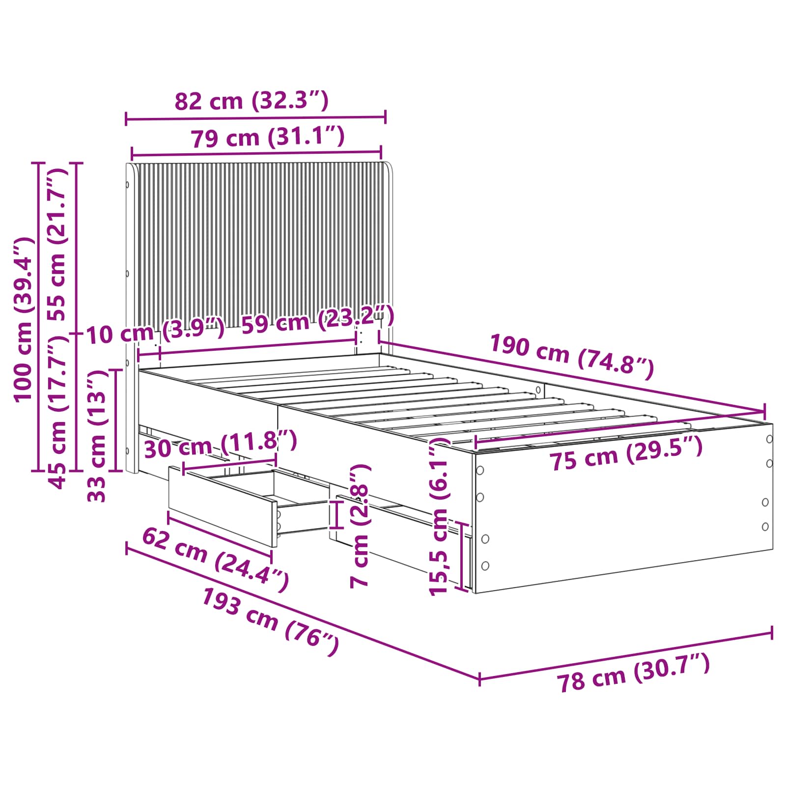 Bettgestell mit Stauraum und Kopfteil Graues Sonoma 75 x 190 cm