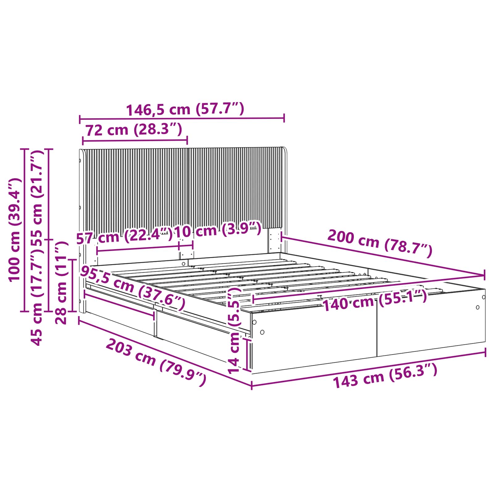 Bettgestell mit Stauraum und Kopfteil 3 pcs Holzwerkstoff