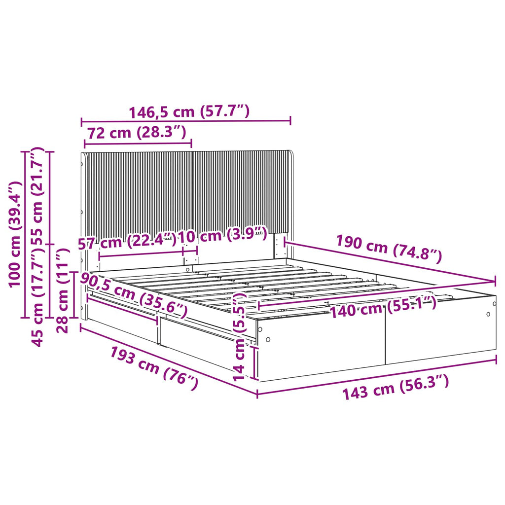 Bettgestell mit Stauraum und Kopfteil 3 pcs Holzwerkstoff