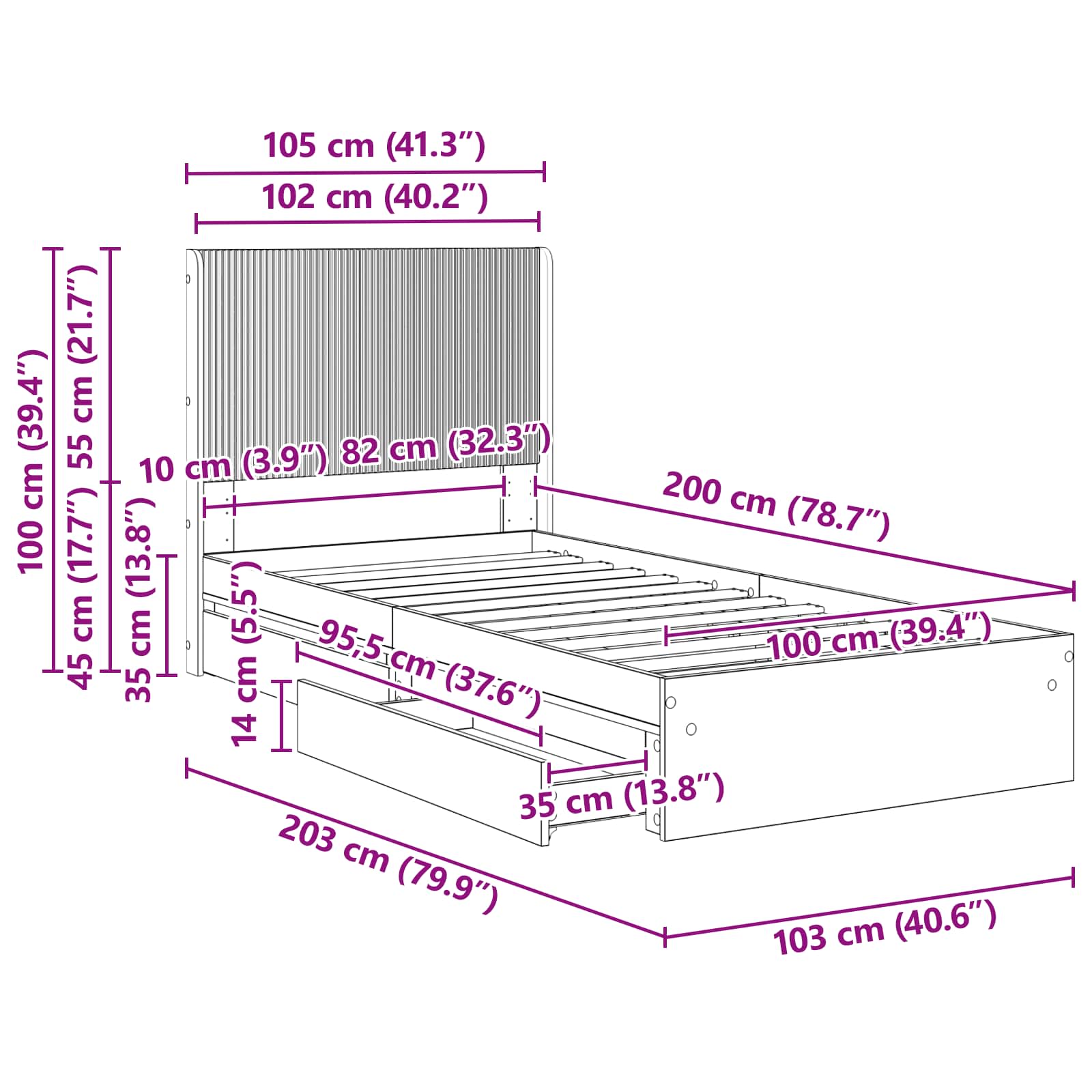 Bettgestell mit Stauraum und Kopfteil Schwarz 100 x 200 cm