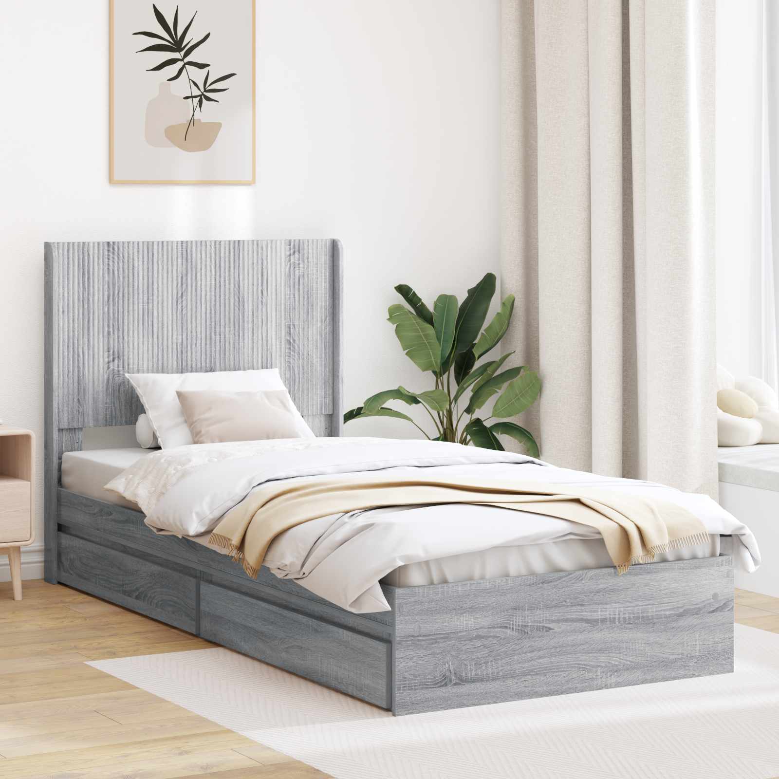 Bettgestell mit Stauraum und Kopfteil Grau Sonoma 100 x 200 cm