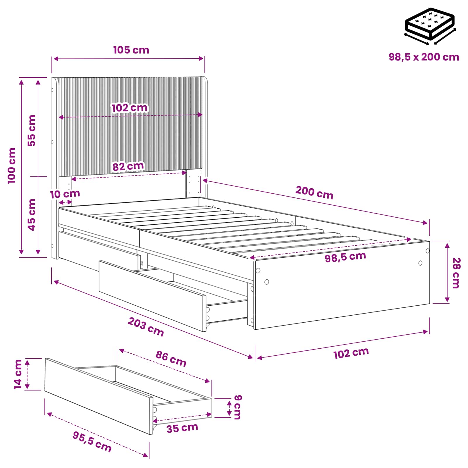 Bettgestell mit Stauraum und Kopfteil Grau Sonoma 100 x 200 cm