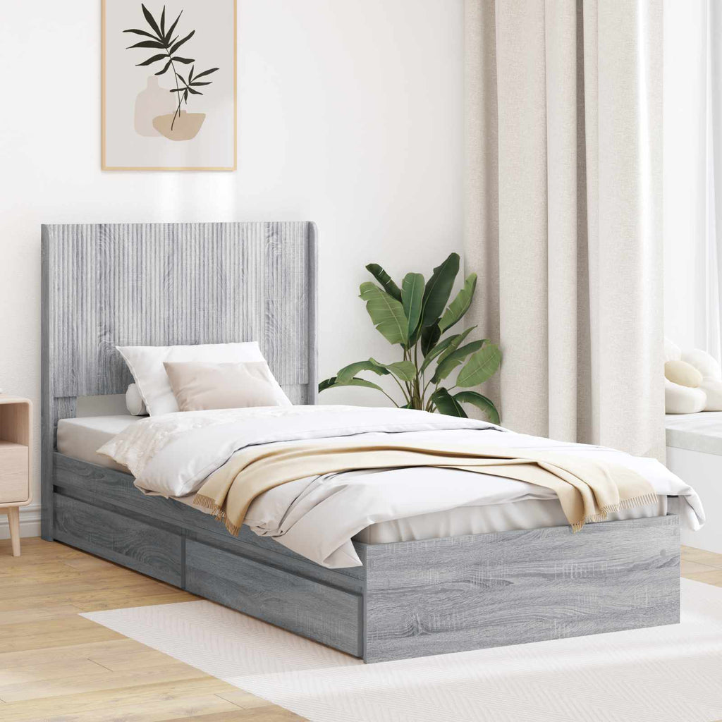 Bettgestell mit Stauraum und Kopfteil Grau Sonoma 90 x 200 cm