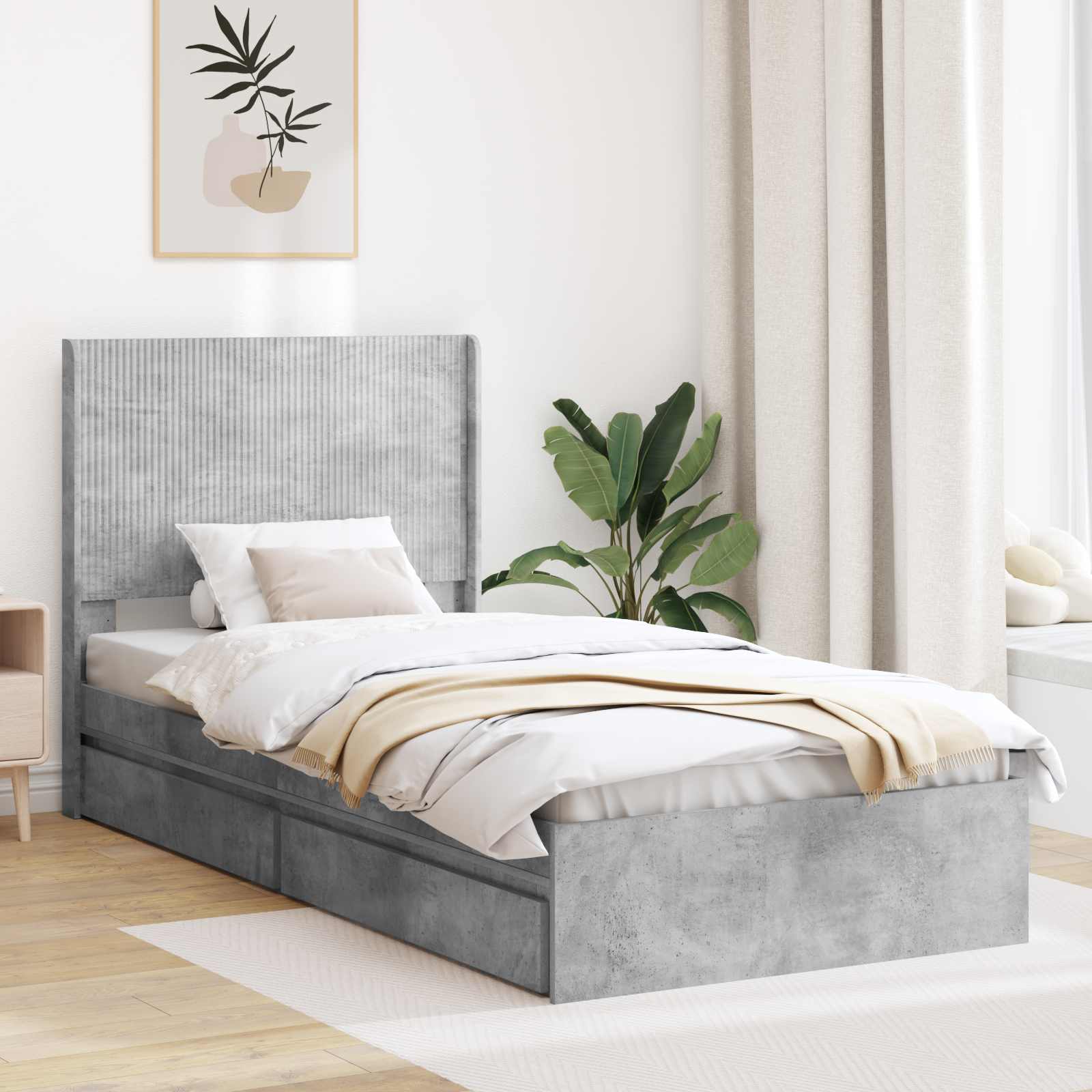 Bettgestell mit Stauraum und Kopfteil Betongrau 75 x 190 cm