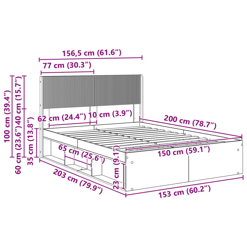 Bettgestell mit Stauraum und Kopfteil Altholz 150 x 200 cm