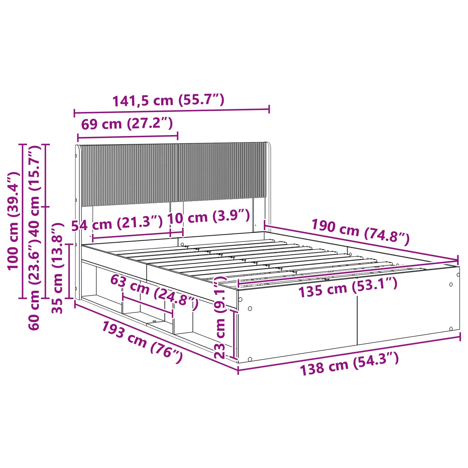 Bettgestell mit Stauraum und Kopfteil Altholz 135 x 190 cm