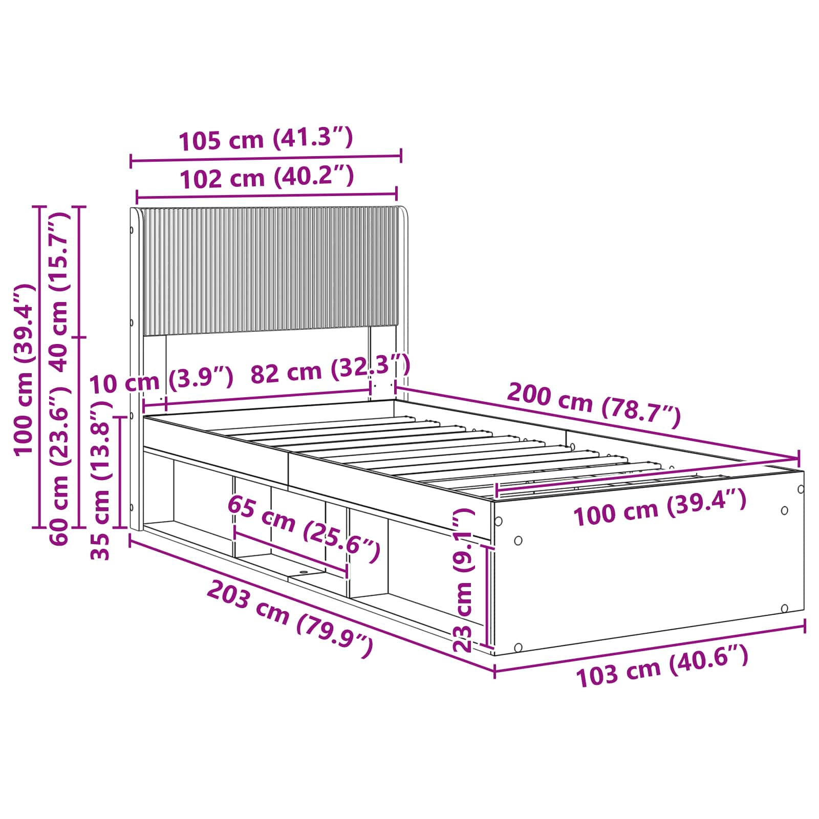 Bettgestell mit Stauraum und Kopfteil Grau Sonoma 100 x 200 cm