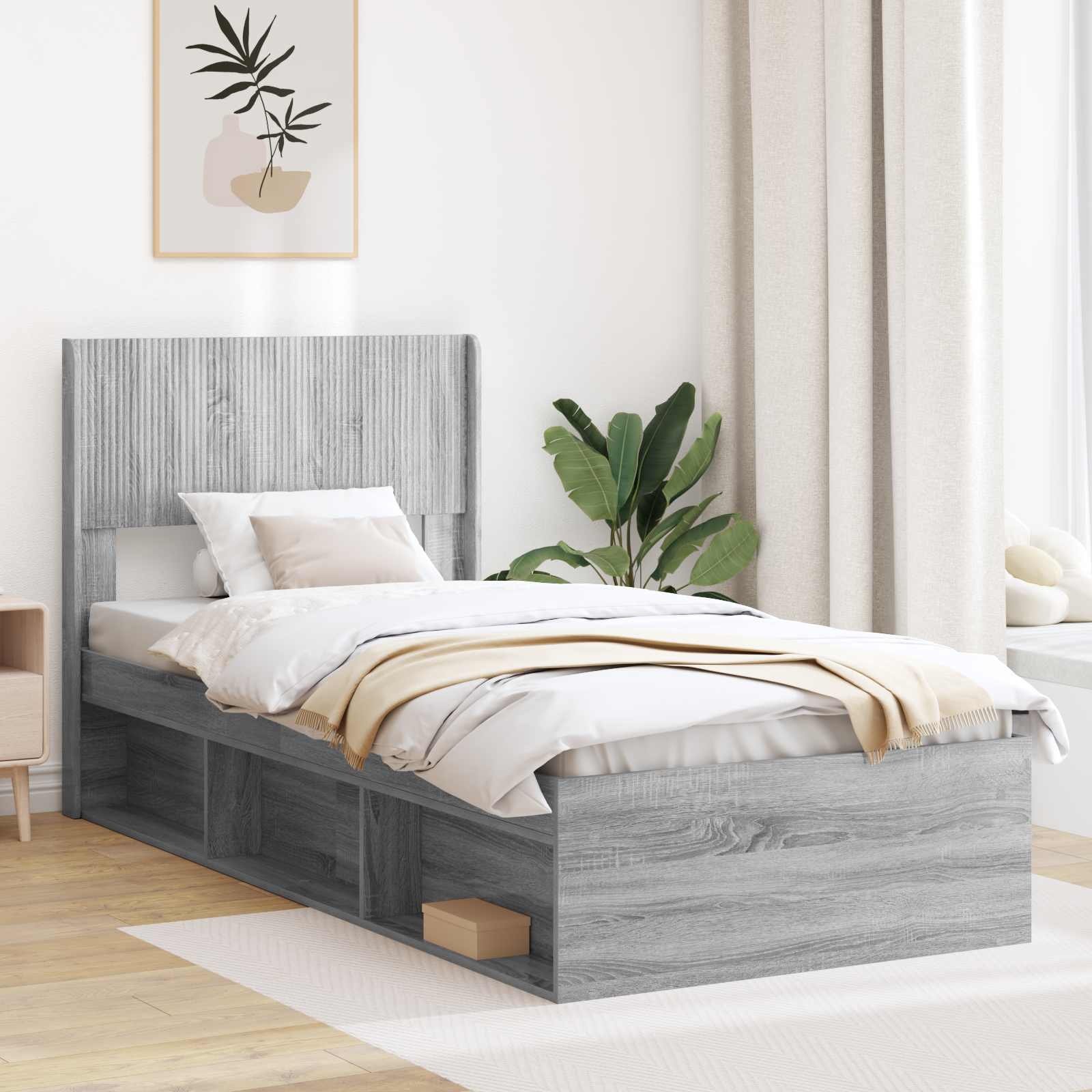 Bettgestell mit Stauraum und Kopfteil Grau Sonoma 75 x 190 cm