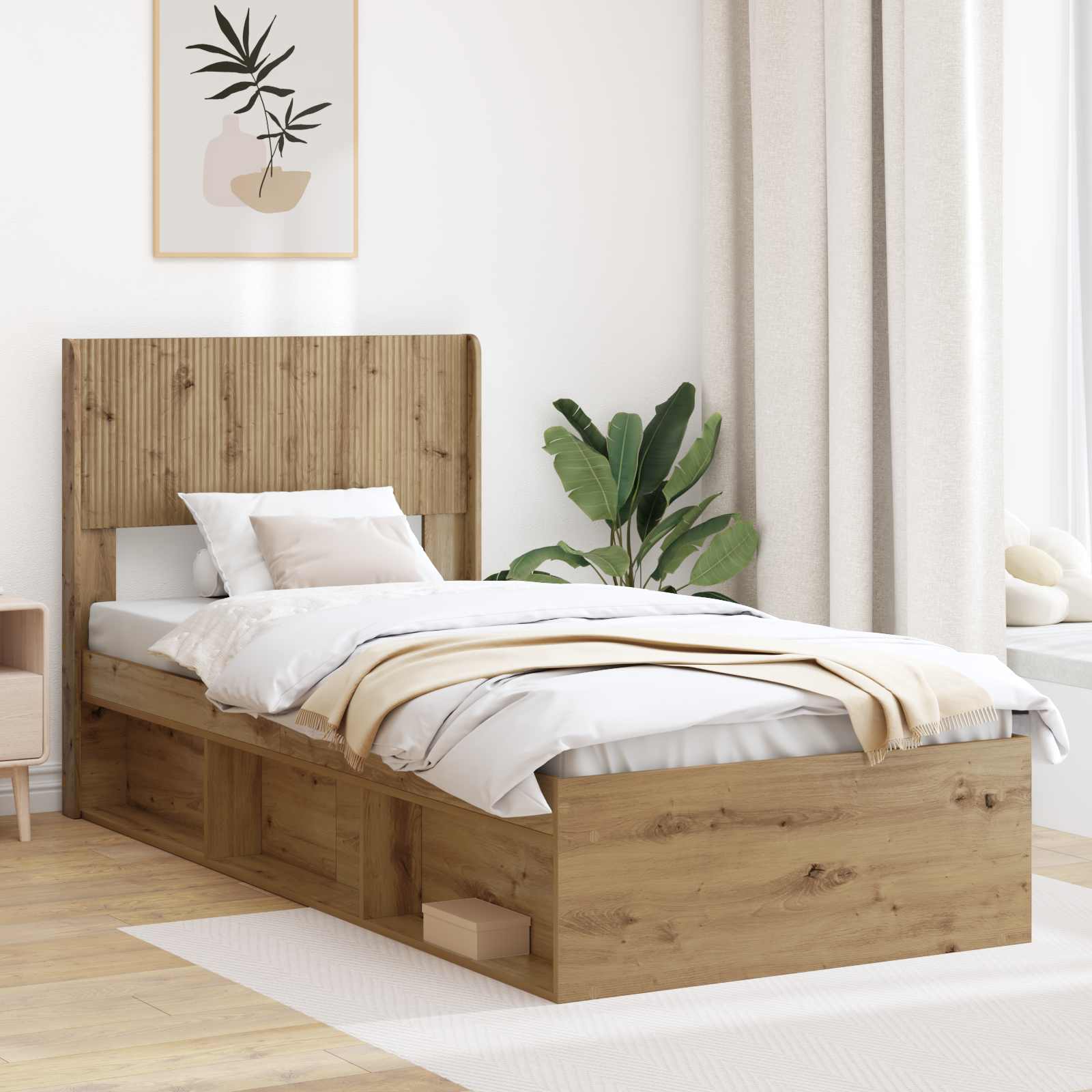 Bettgestell mit Stauraum und Kopfteil Artisan-Eiche 75 x 190 cm