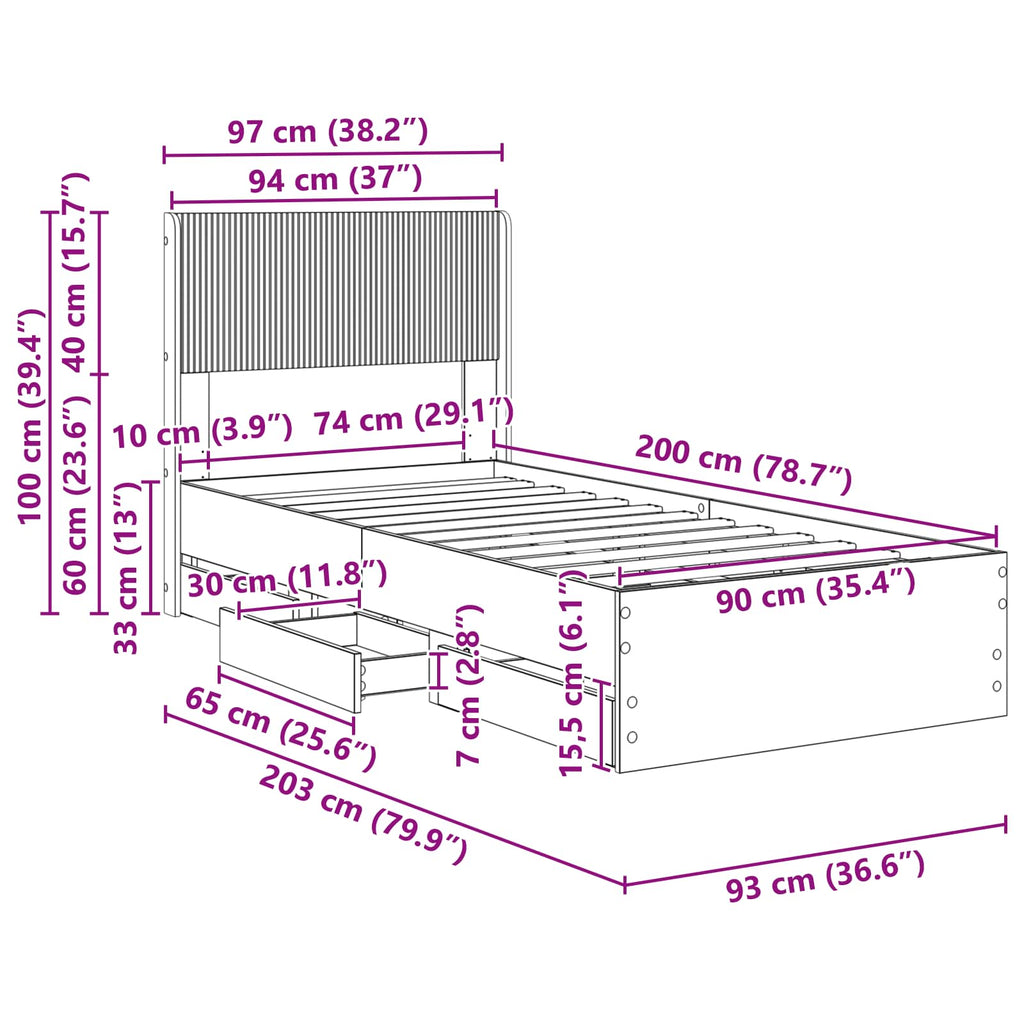 Bettgestell mit Stauraum und Kopfteil Graues Sonoma 90 x 200 cm