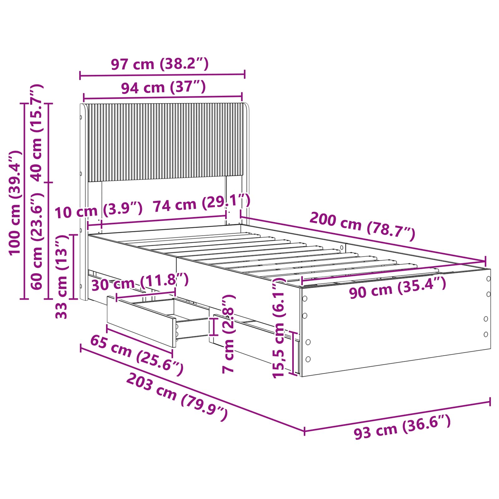 Bettgestell mit Stauraum und Kopfteil Graues Sonoma 90 x 200 cm