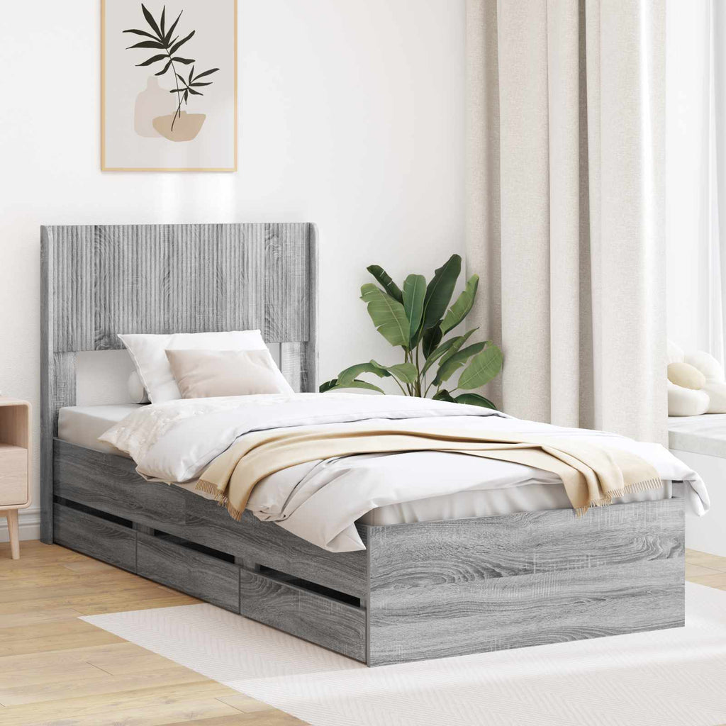 Bettgestell mit Stauraum und Kopfteil Graues Sonoma 75 x 190 cm