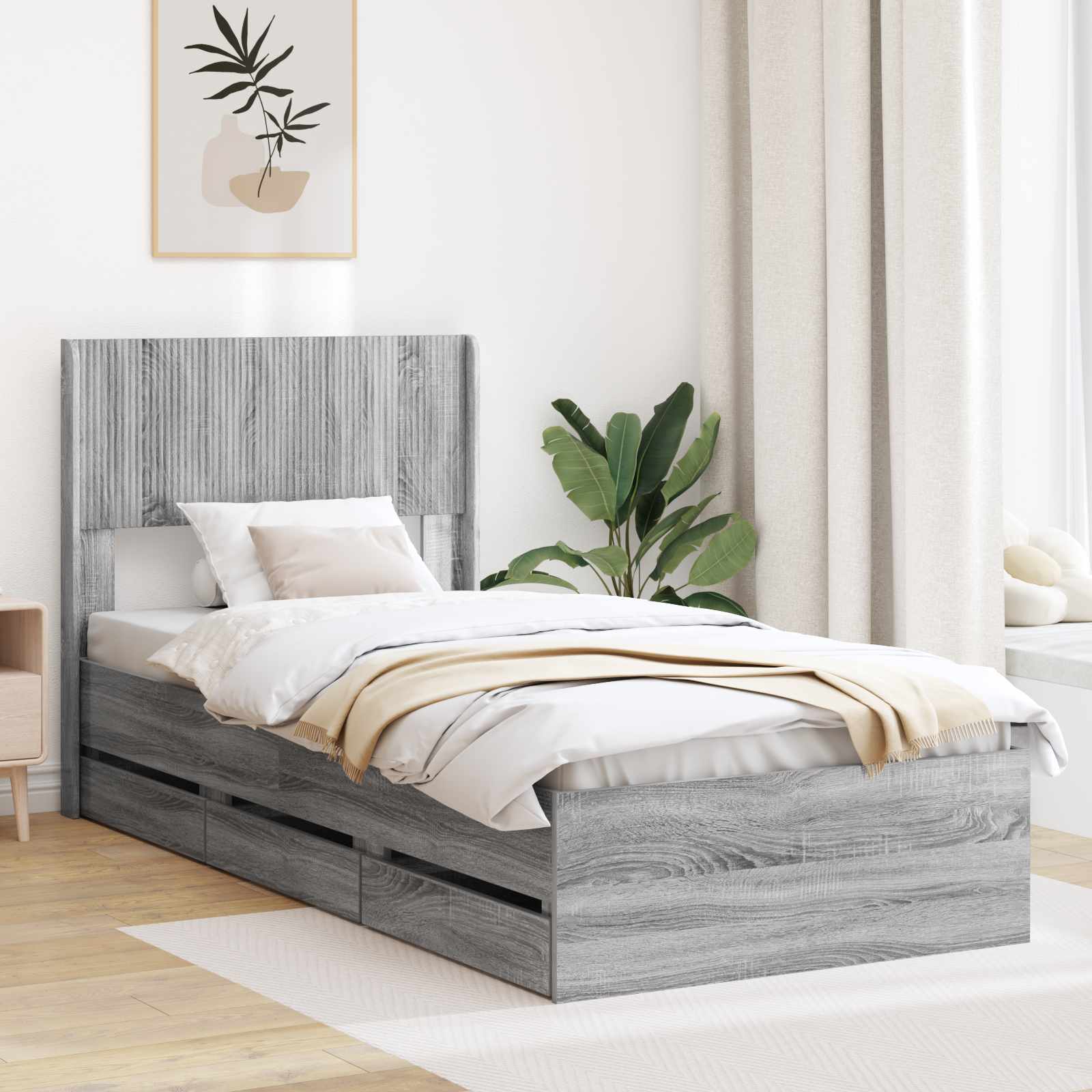 Bettgestell mit Stauraum und Kopfteil Graues Sonoma 75 x 190 cm