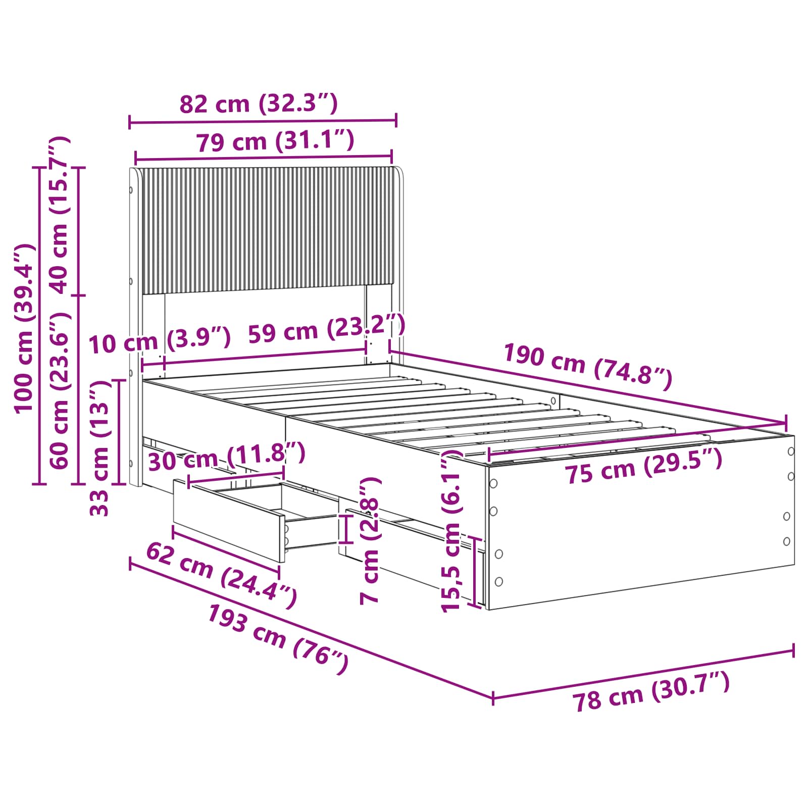 Bettgestell mit Stauraum und Kopfteil Graues Sonoma 75 x 190 cm