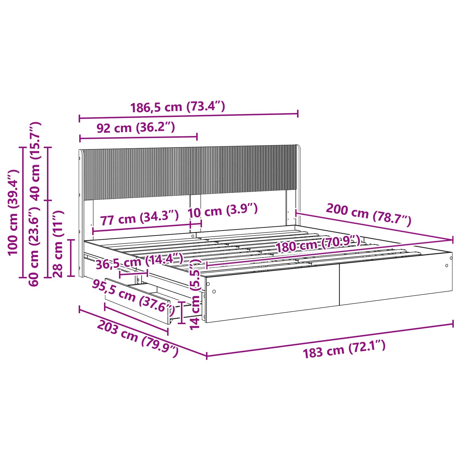 Bettgestell mit Stauraum und Kopfteil Betongrau 180 x 200 cm